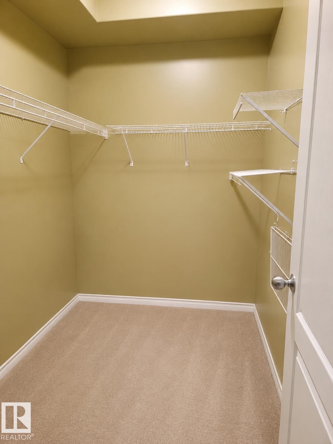 Walk-in closet featuring light beige walls, neutral carpet flooring, and white wire shelving - #202 16715 100 Av Nw, Edmonton, AB - Indoor With Storage