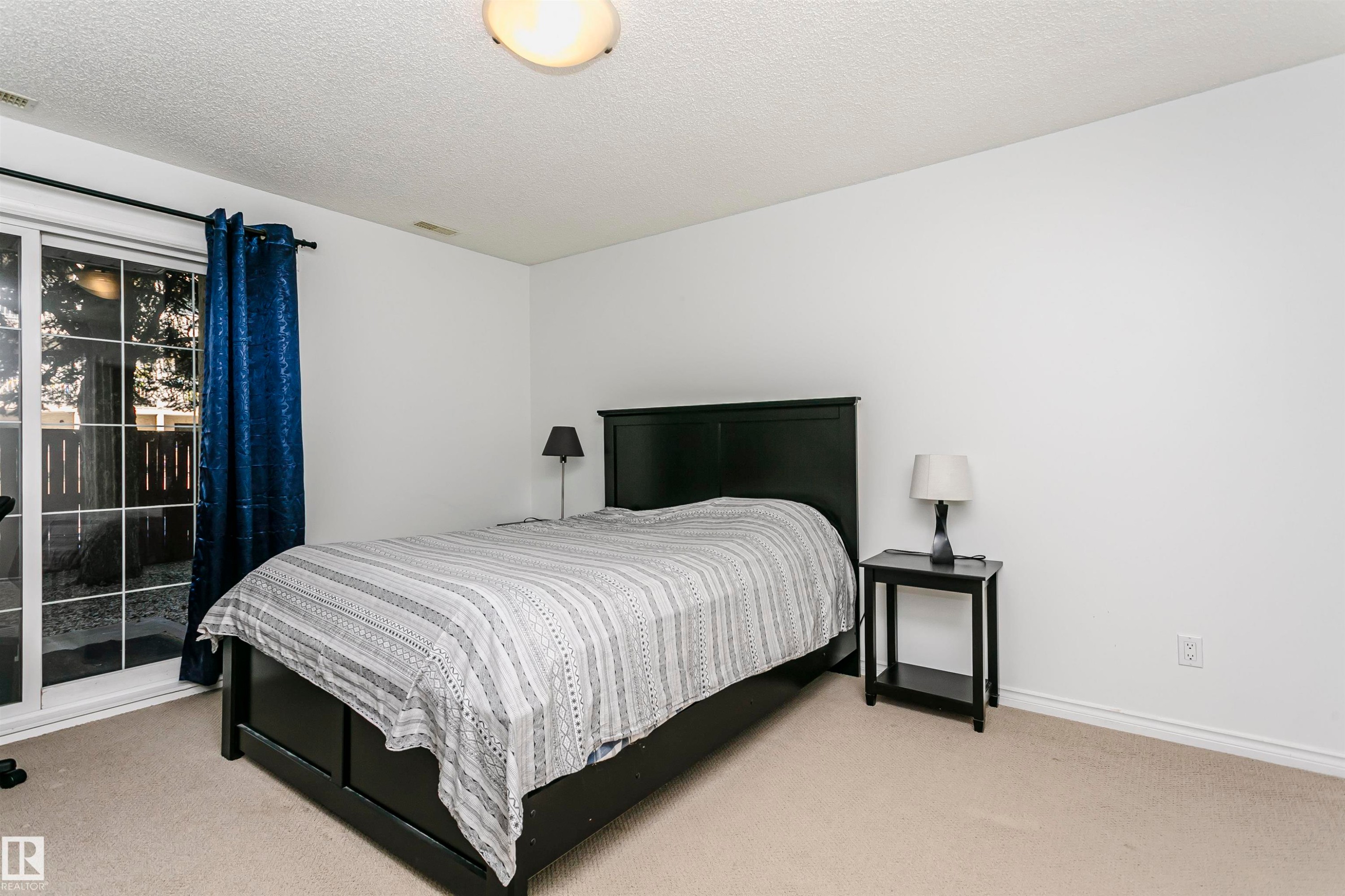 Carpeted room featuring a ceiling-mounted light fixture, white baseboards, and a glass sliding door - #106 12110 106 Av Nw, Edmonton, AB - Indoor Photo Showing Bedroom