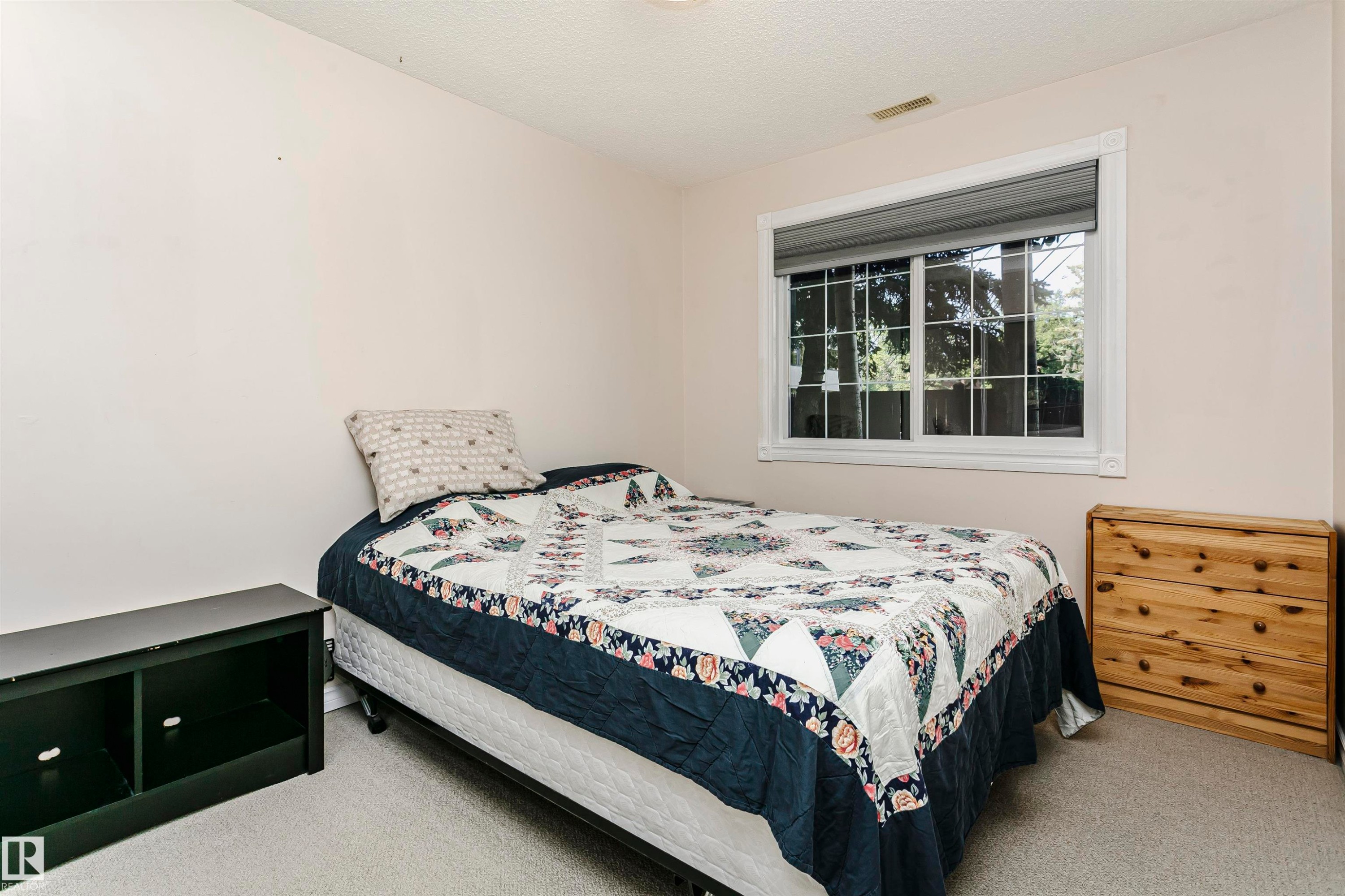 Bedroom with a framed window featuring white grilles and a roller shade, light-toned walls, and neutral carpeting - #106 12110 106 Av Nw, Edmonton, AB - Indoor Photo Showing Bedroom