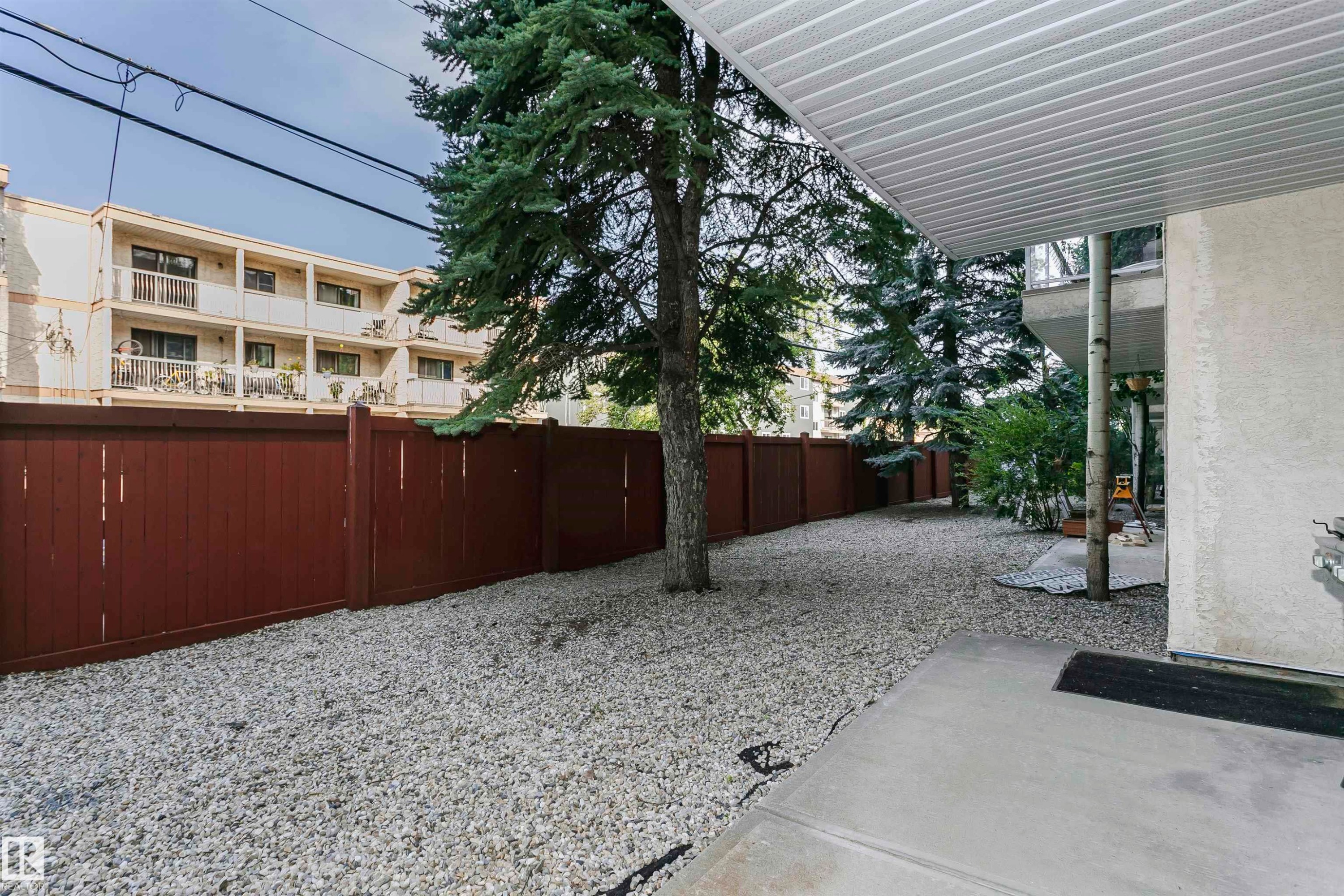 Gravel-covered outdoor space featuring a mature evergreen tree - #106 12110 106 Av Nw, Edmonton, AB - Outdoor