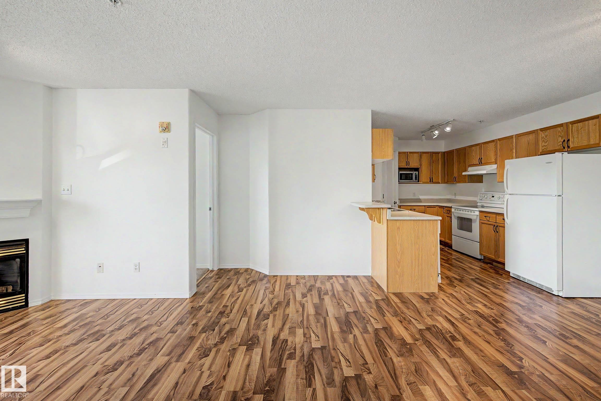 #203 8119 112 Av Nw, Edmonton, AB - Indoor Photo Showing Kitchen With Fireplace