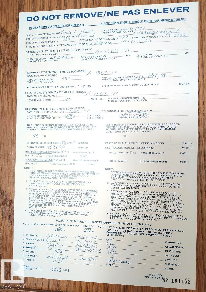 Modular Home CSA Specification Nameplate. Detailing technical specifications and factory-installed appliances for the property - 4819 51 Avenue, Millet, AB - Other