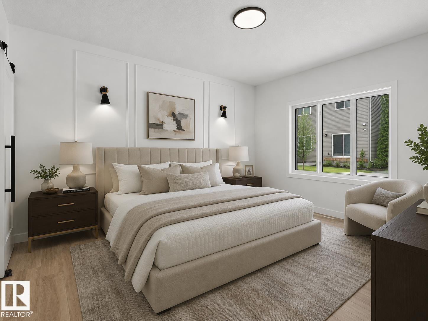 Bedroom featuring white paneled accent wall, wood-finish flooring, large window, and flush mount lighting - 3318 Chickadee Drive Nw, Edmonton, AB - Indoor Photo Showing Bedroom