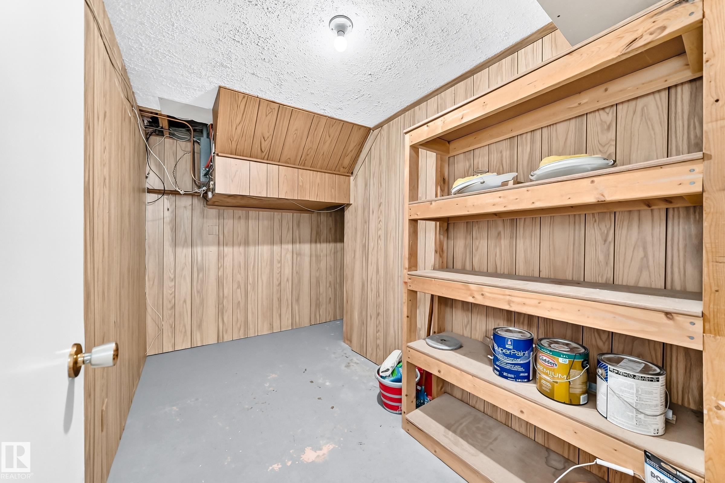 Basement utility space featuring a wood-panel accent wall and built-in shelving - 5519 142 Avenue Nw, Edmonton, AB - Indoor Photo Showing Other Room