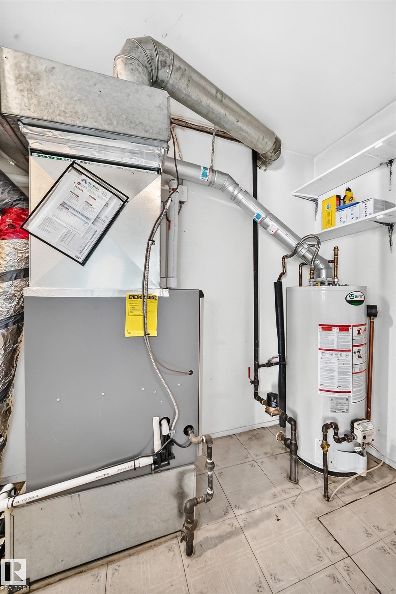 Utility room featuring a furnace, water heater, and overhead shelving - 290 Lancaster Terrace Nw, Edmonton, AB - Indoor Photo Showing Basement