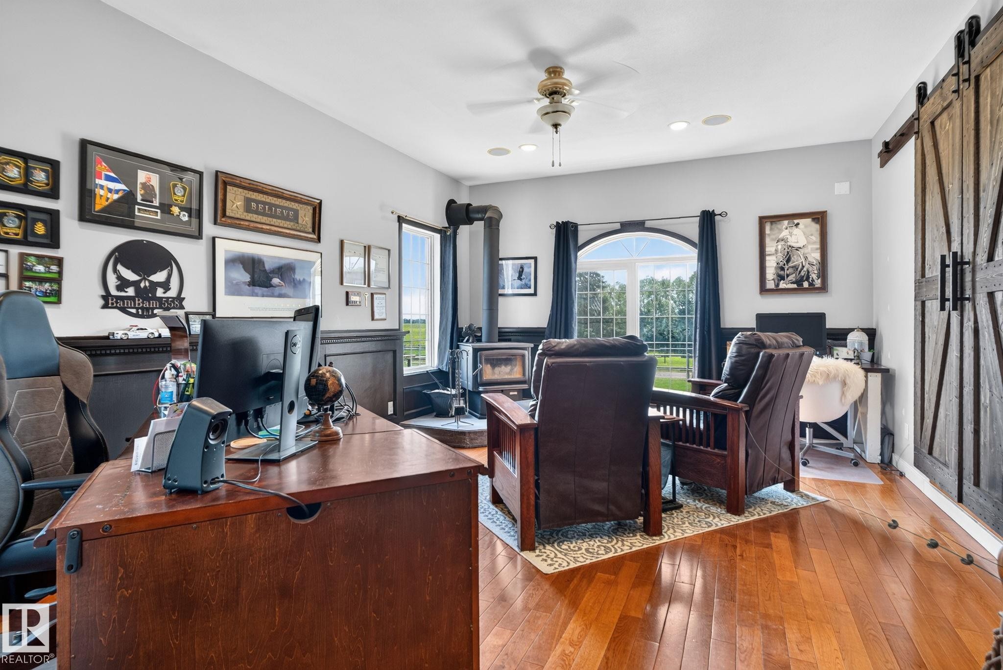 Hardwood flooring throughout this room featuring a ceiling fan and recessed lighting - 50336 Range Road 280, Rural Leduc County, AB - Indoor Photo Showing Office