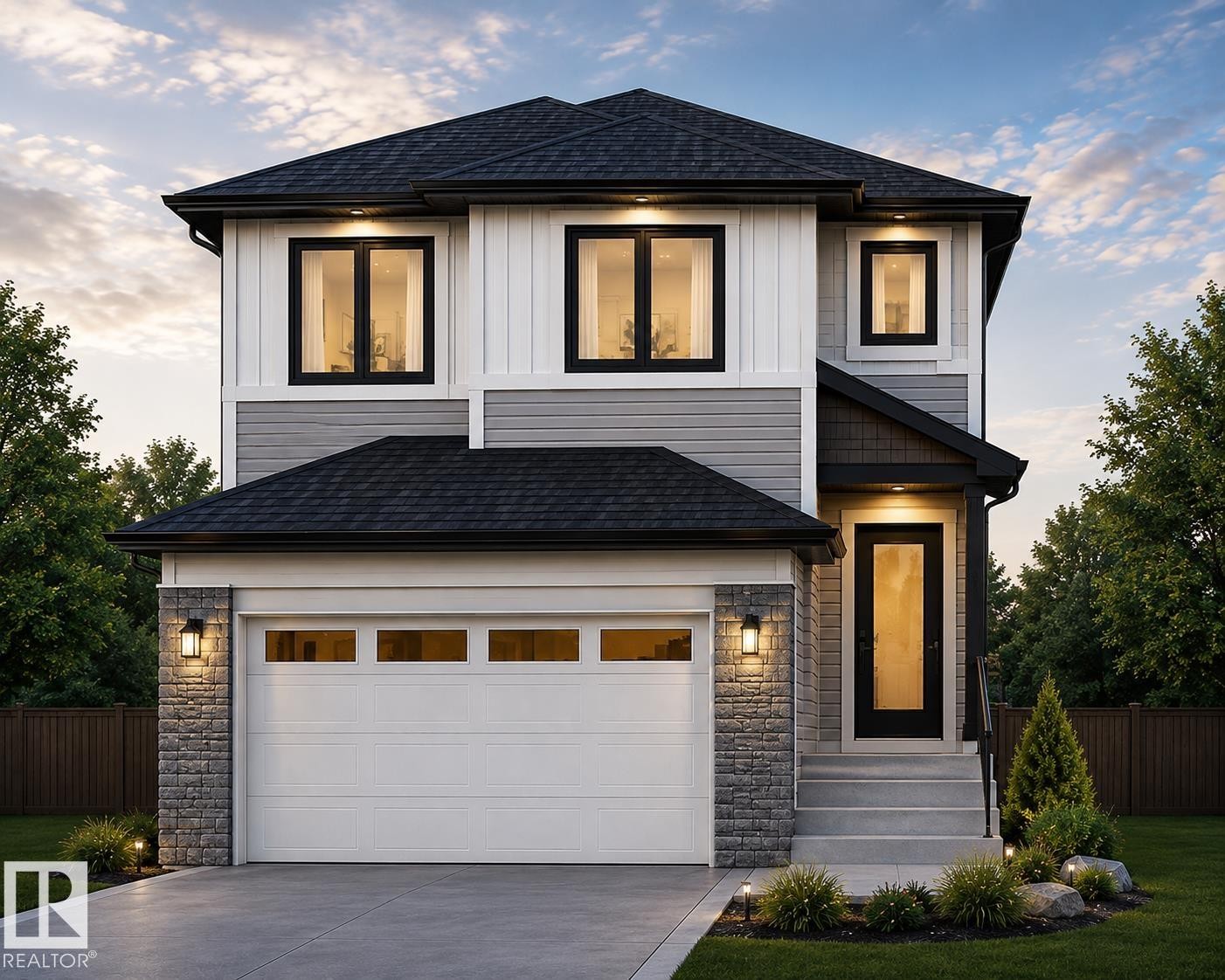 Modern two-story residence with a multi-textured exterior featuring vertical white siding, horizontal gray siding, and stone accents - 551 Ashgrove Circle, Leduc, AB - Outdoor