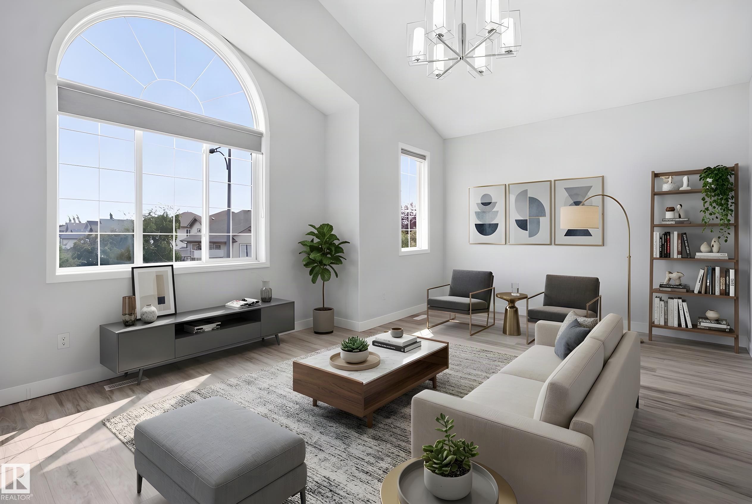 Vaulted ceiling living area featuring a large arched window, wood-finish flooring, and a contemporary chandelier - 714 87 Street Sw, Edmonton, AB - Indoor Photo Showing Living Room