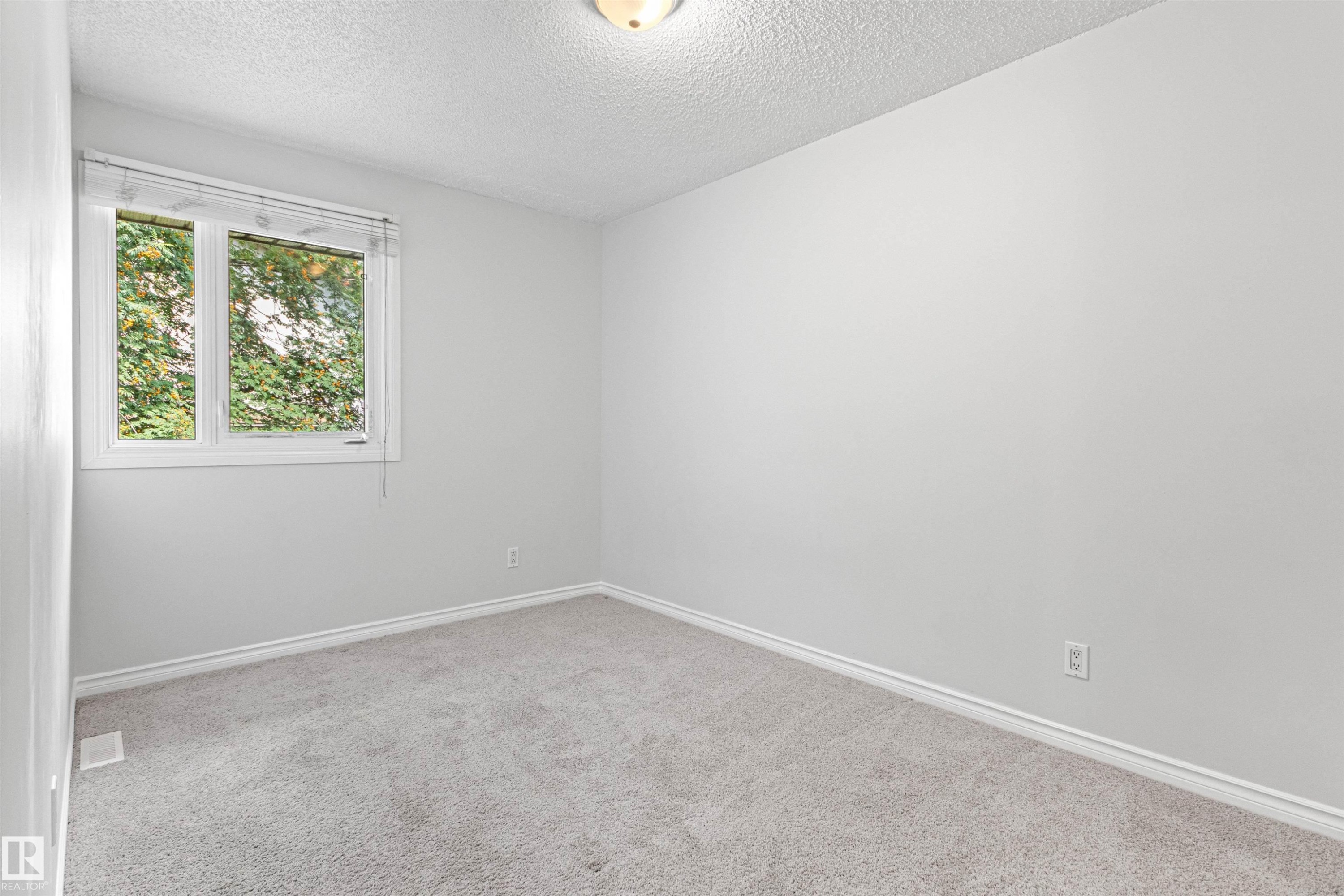 Neutral wall color with plush carpet flooring, trimmed window, and overhead lighting - #9 14230 80 St Nw, Edmonton, AB - Indoor Photo Showing Other Room