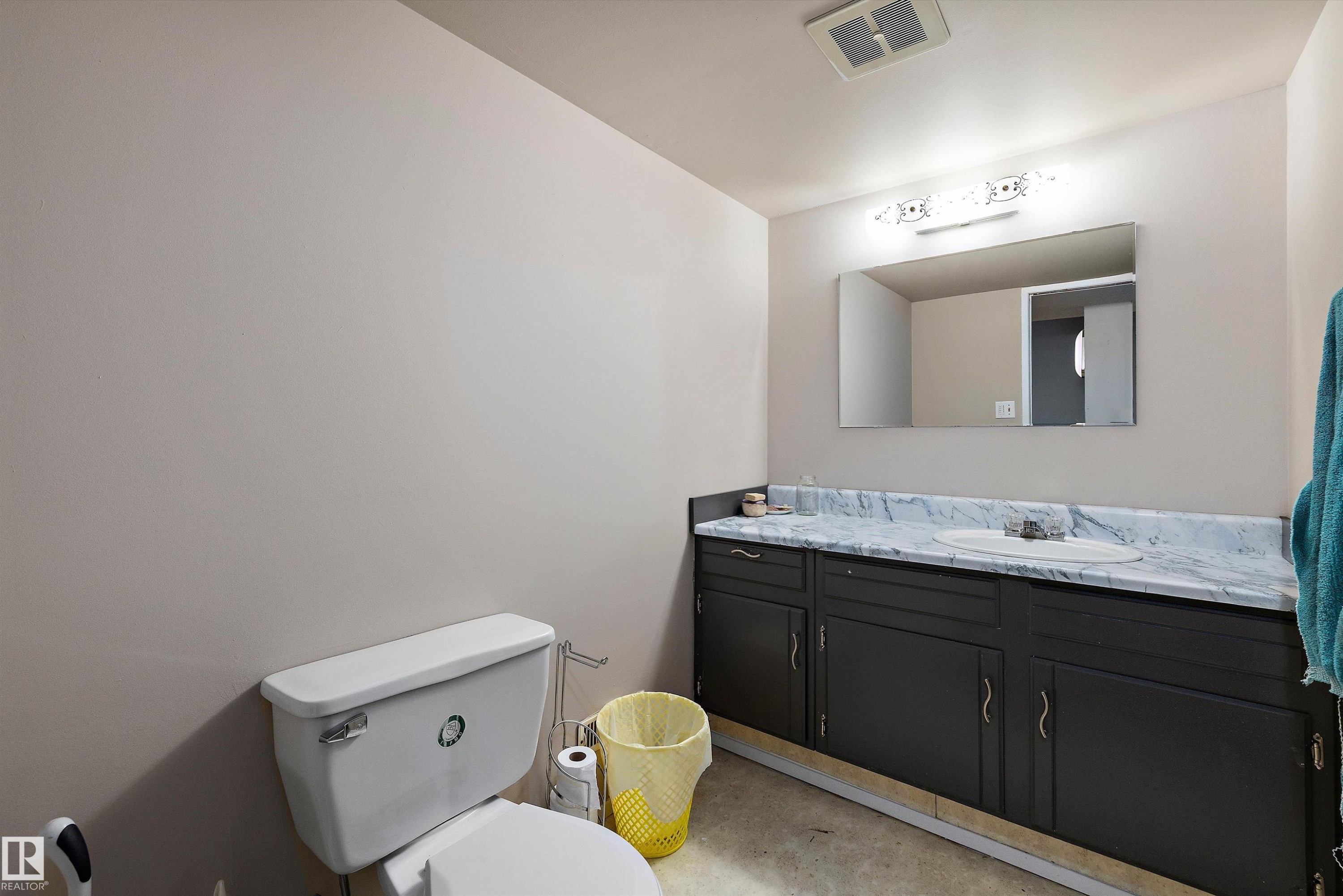 Spacious bathroom vanity with an integrated sink, broad wall mirror, vanity lighting, and a white toilet - 3511 73 Street Nw, Edmonton, AB - Indoor Photo Showing Bathroom