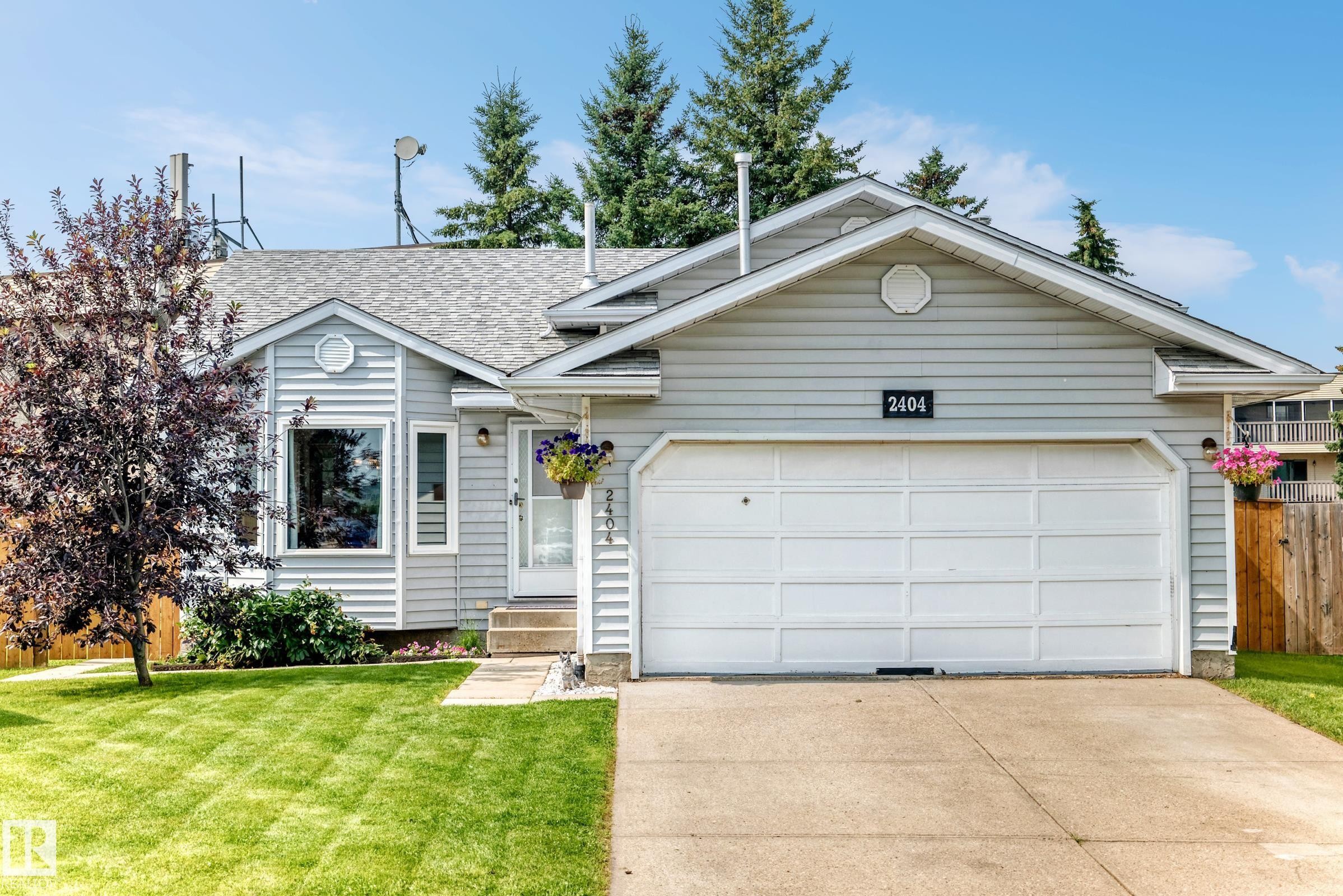 Light gray siding exterior with a concrete driveway, attached garage, and a manicured lawn - 2404 37 Street Nw, Edmonton, AB - Outdoor