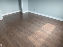 Wood-finish flooring with light gray wall paint -