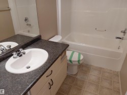Dual-sink vanity with dark stone countertop and chrome fixtures, complemented by ceramic tile flooring and a soaking tub with shower enclosure -