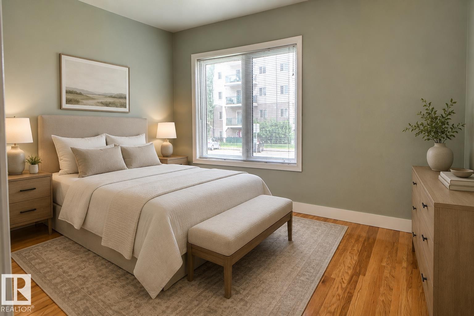 Hardwood flooring, generously sized window with blinds, light green wall finishes, and white trim molding - 11336 83 Street Nw, Edmonton, AB - Indoor Photo Showing Bedroom