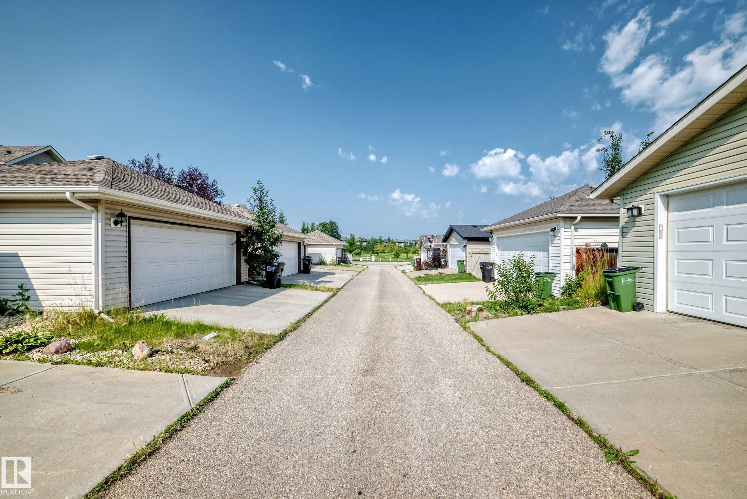 Rear lane access with concrete driveways leading to attached garages, each featuring a pitched shingle roof - 466 Chappelle Drive Sw, Edmonton, AB - Outdoor