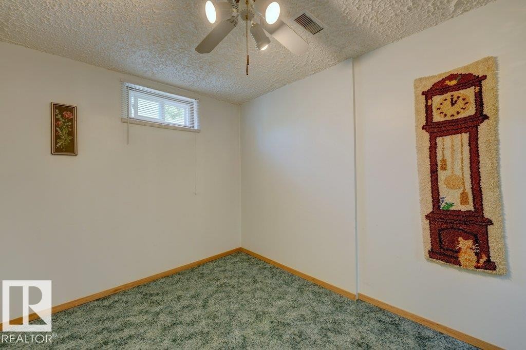 Textured ceiling, ceiling fan with integrated lighting, small window with blinds, light-colored walls, and green carpet flooring - 307 Northgate Terrace Nw, Edmonton, AB - Indoor Photo Showing Other Room