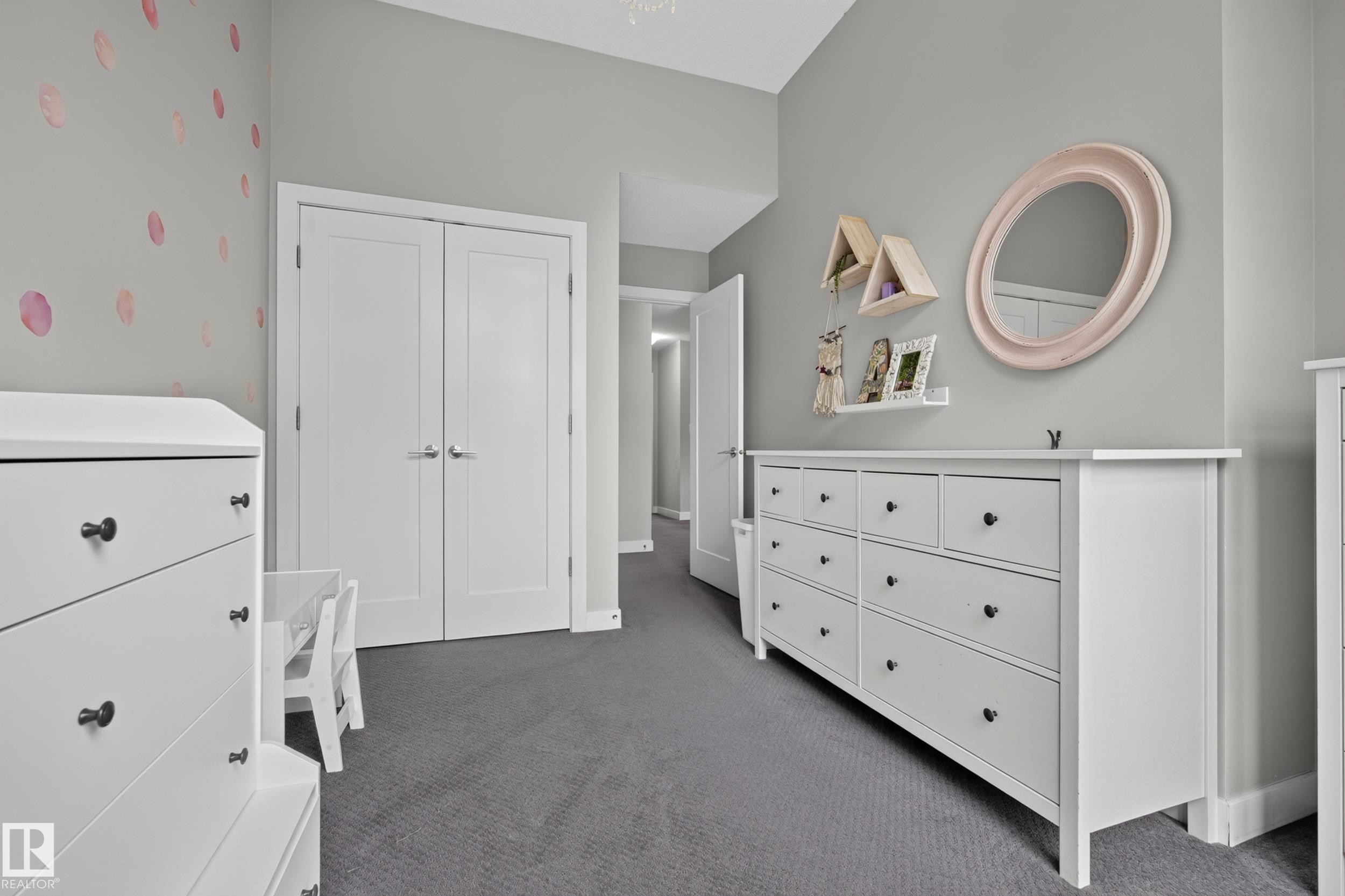 Neutral gray wall paint, textured gray carpeting, and white trim - 11018 122 Street Nw, Edmonton, AB - Indoor