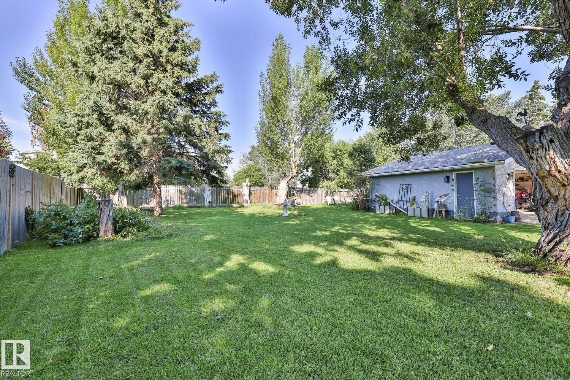 Expansive lawn area with mature trees and a detached structure featuring a shingled roof - 8932 187 Street Nw, Edmonton, AB - Outdoor