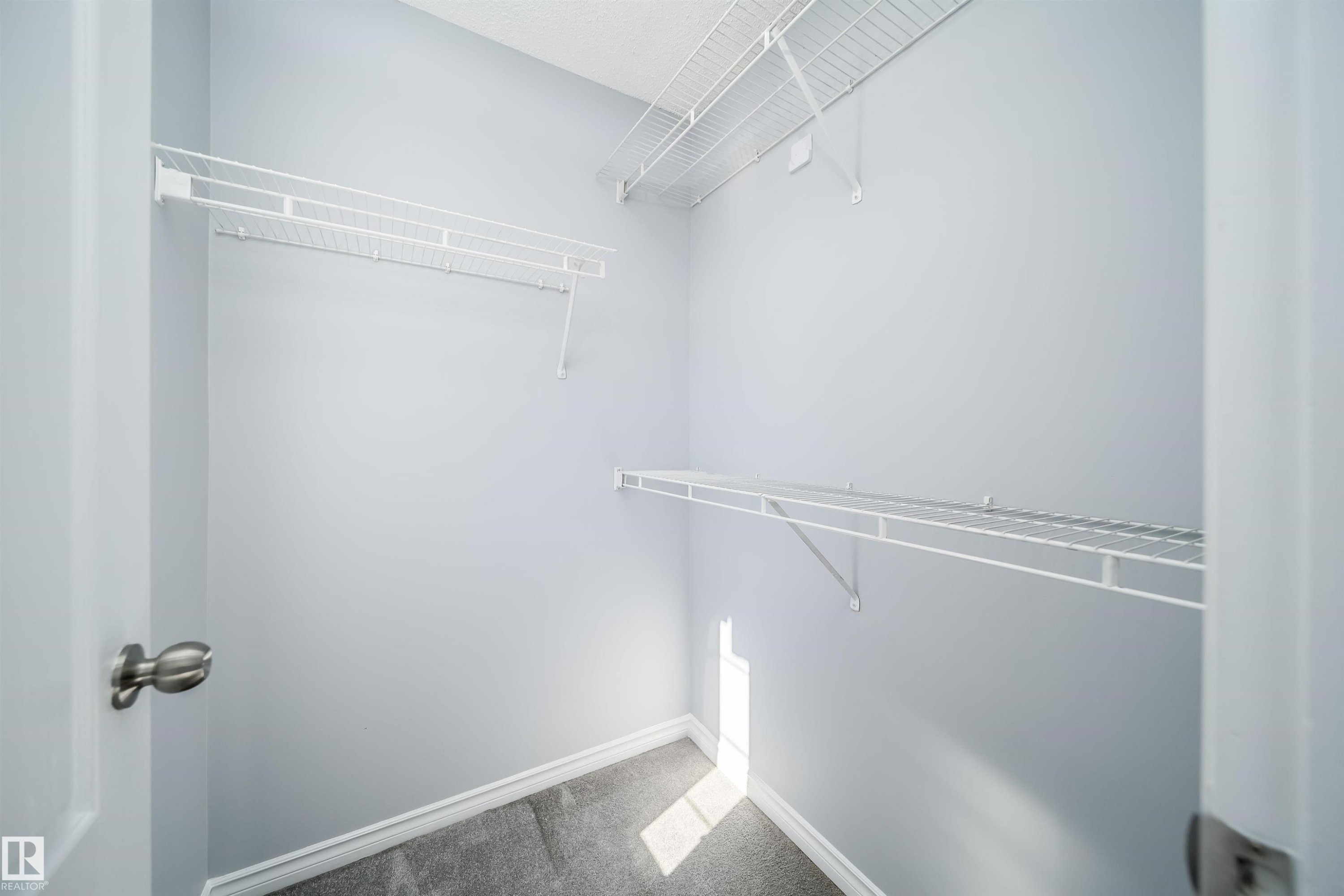 Built-in wire shelving, plush carpet flooring, light gray wall paint, and white trim - 7848 7 Avenue Sw, Edmonton, AB