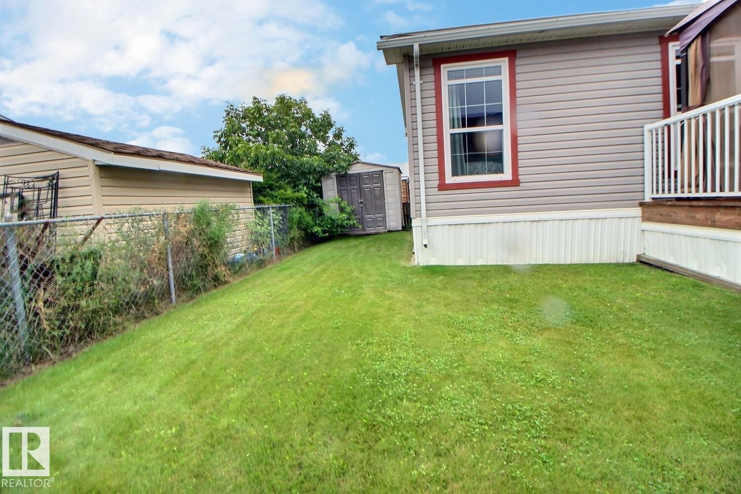 Expansive green lawn with a chain-link fence, siding exterior, and a built-in deck featuring white railings - 417 Oak Wood Crescent Northwest, Edmonton, AB - Outdoor