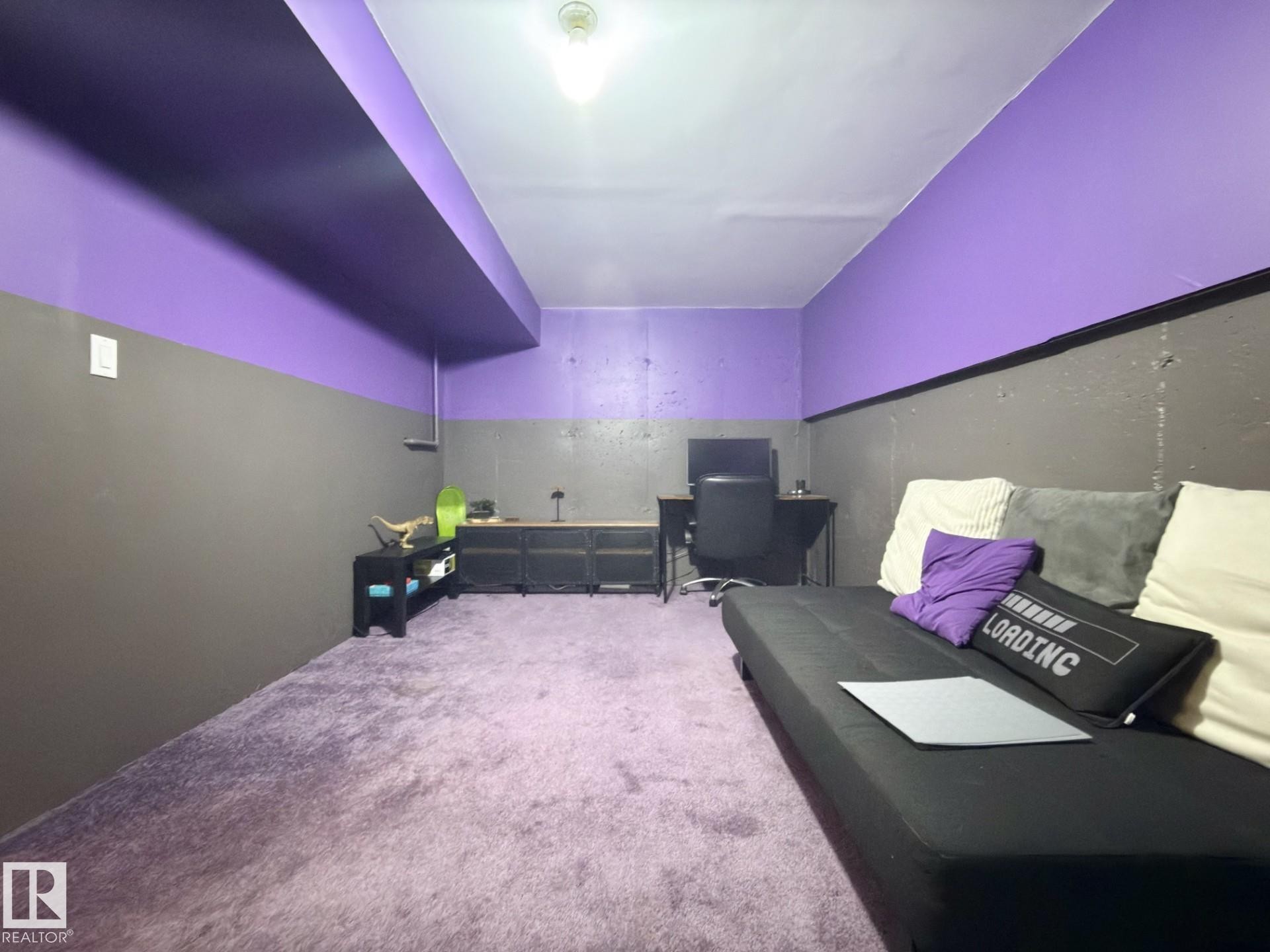 Plush purple carpeting, two-toned wall paint, and overhead lighting - #13 18010 98 Av Nw Nw, Edmonton, AB - Indoor