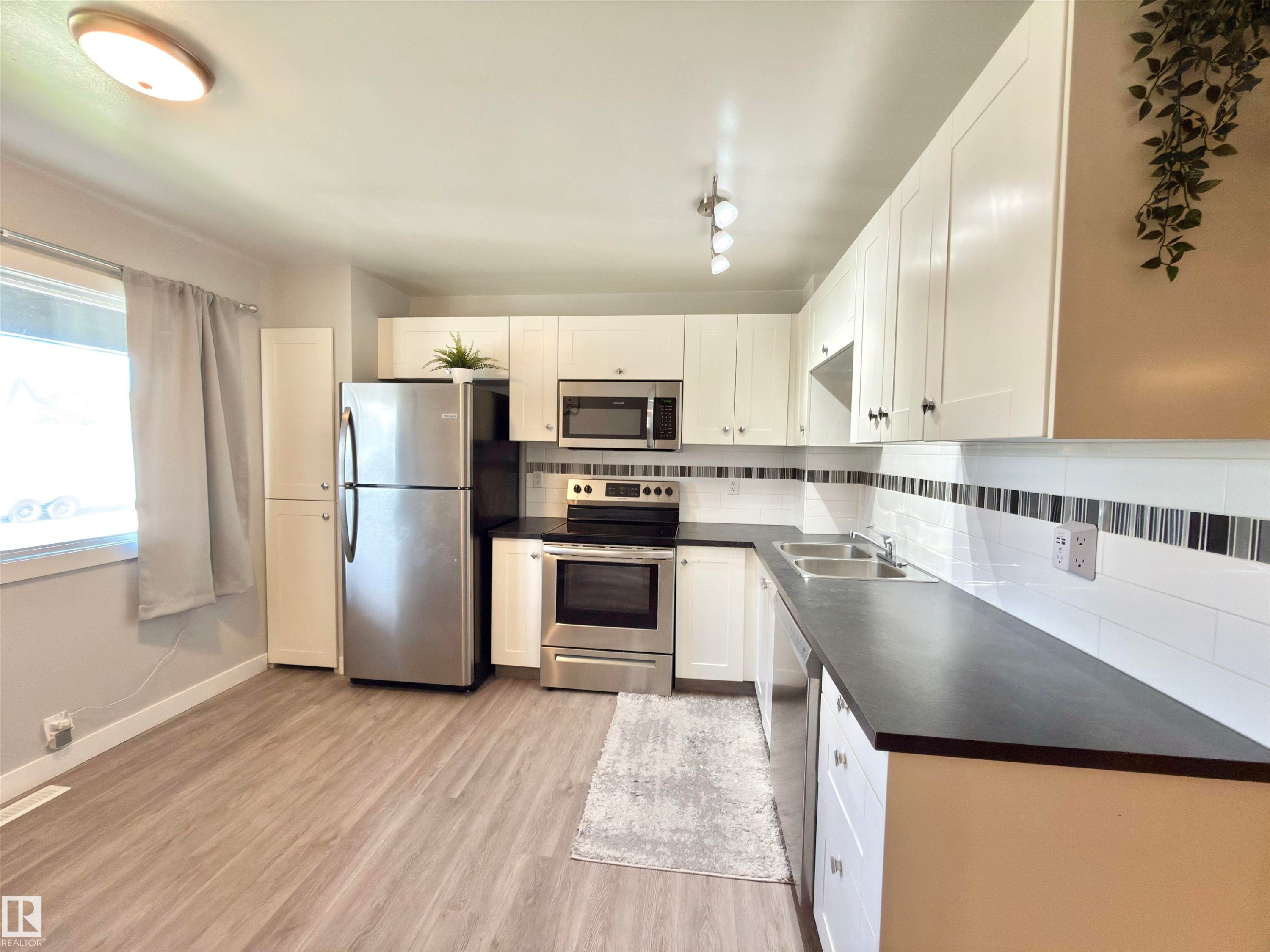 White cabinetry paired with stainless steel appliances, dark countertops, and wood-finish flooring - #13 18010 98 Av Nw Nw, Edmonton, AB - Indoor Photo Showing Kitchen With Stainless Steel Kitchen With Double Sink