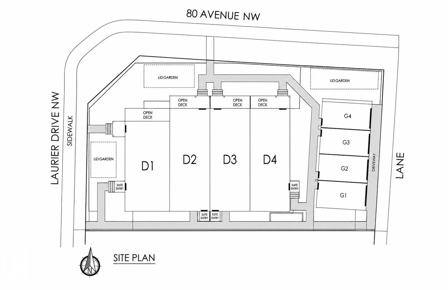 Site Plan. Illustrating the property layout, including designated areas D1-D4, G1-G4, garden spaces, and surrounding access points - 14807 80 Avenue Nw, Edmonton, AB - Other
