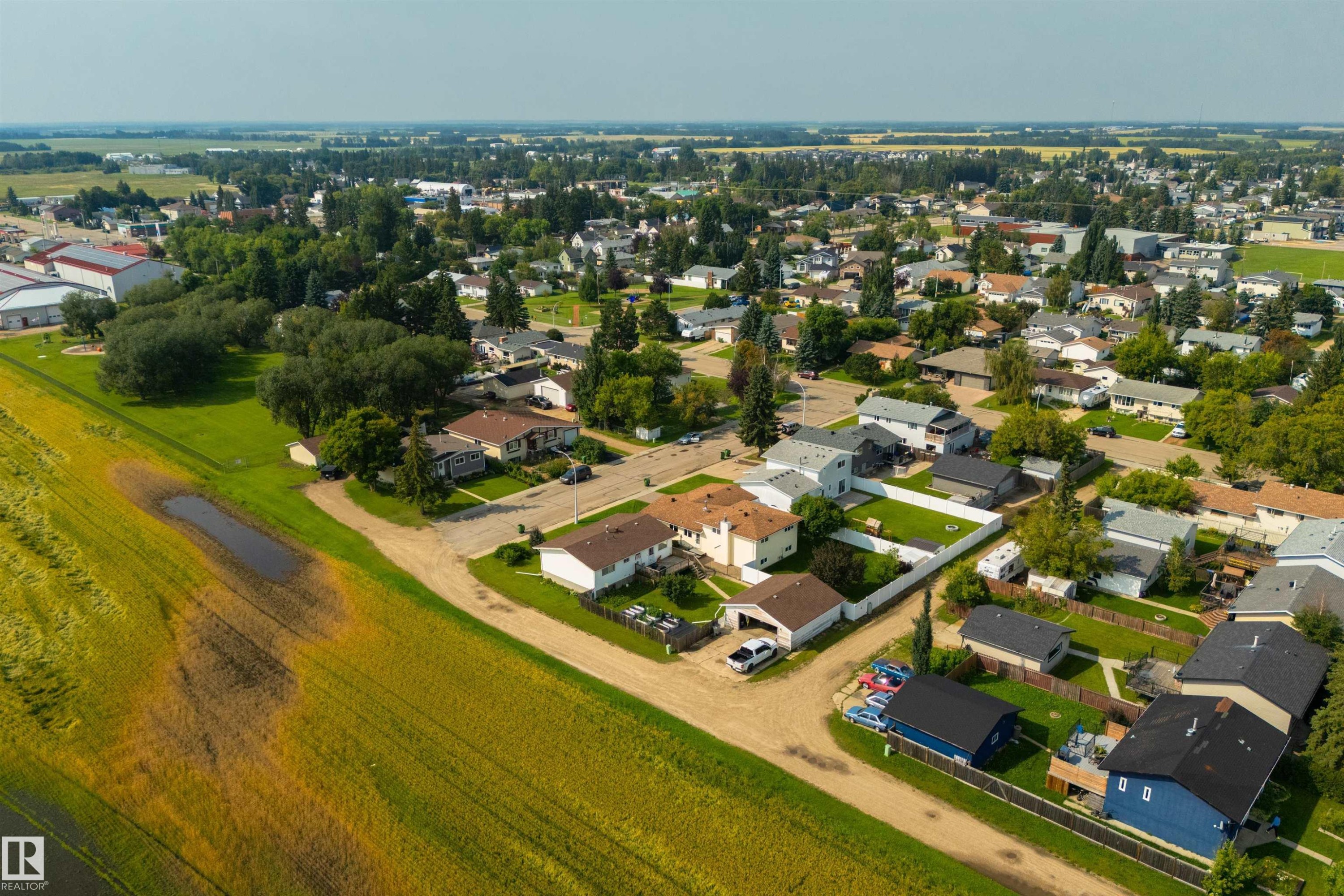 Residential neighborhood with mature trees, green spaces, and agricultural fields - 4614 53 Ave, Calmar, AB - Outdoor With View