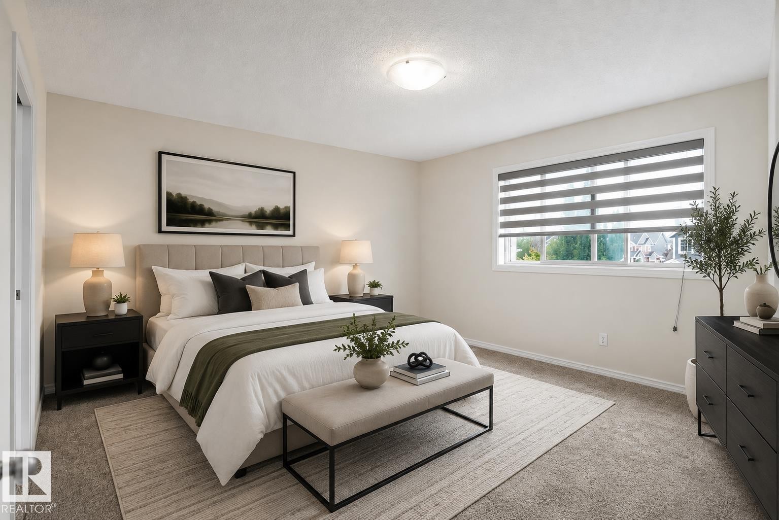 Recessed ceiling lighting, a window with horizontal blinds, and neutral carpet flooring - 8432 18 Avenue Sw, Edmonton, AB - Indoor Photo Showing Bedroom