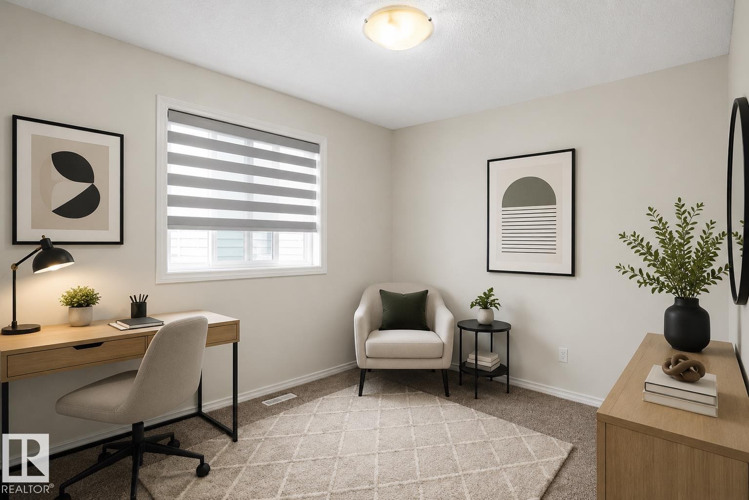 Recessed window featuring horizontal blinds, light-toned walls, and ceiling-mounted lighting - 8432 18 Avenue Sw, Edmonton, AB - Indoor Photo Showing Office