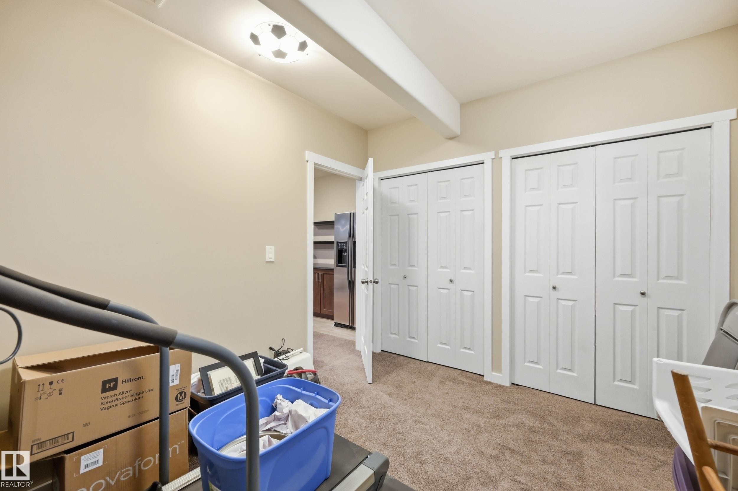 Two bi-fold closet doors, carpeted flooring, and a flush mount light fixture - 2416 Warry Place Sw, Edmonton, AB - Indoor