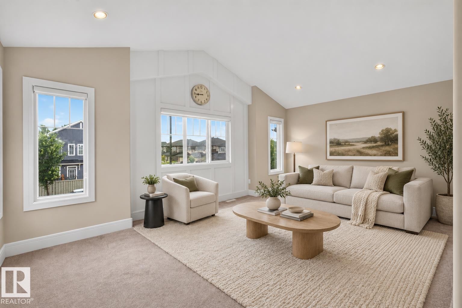 Vaulted ceiling with white paneling, recessed lighting, large pane windows, and neutral wall paint - 7014 Chivers Loop Sw, Edmonton, AB