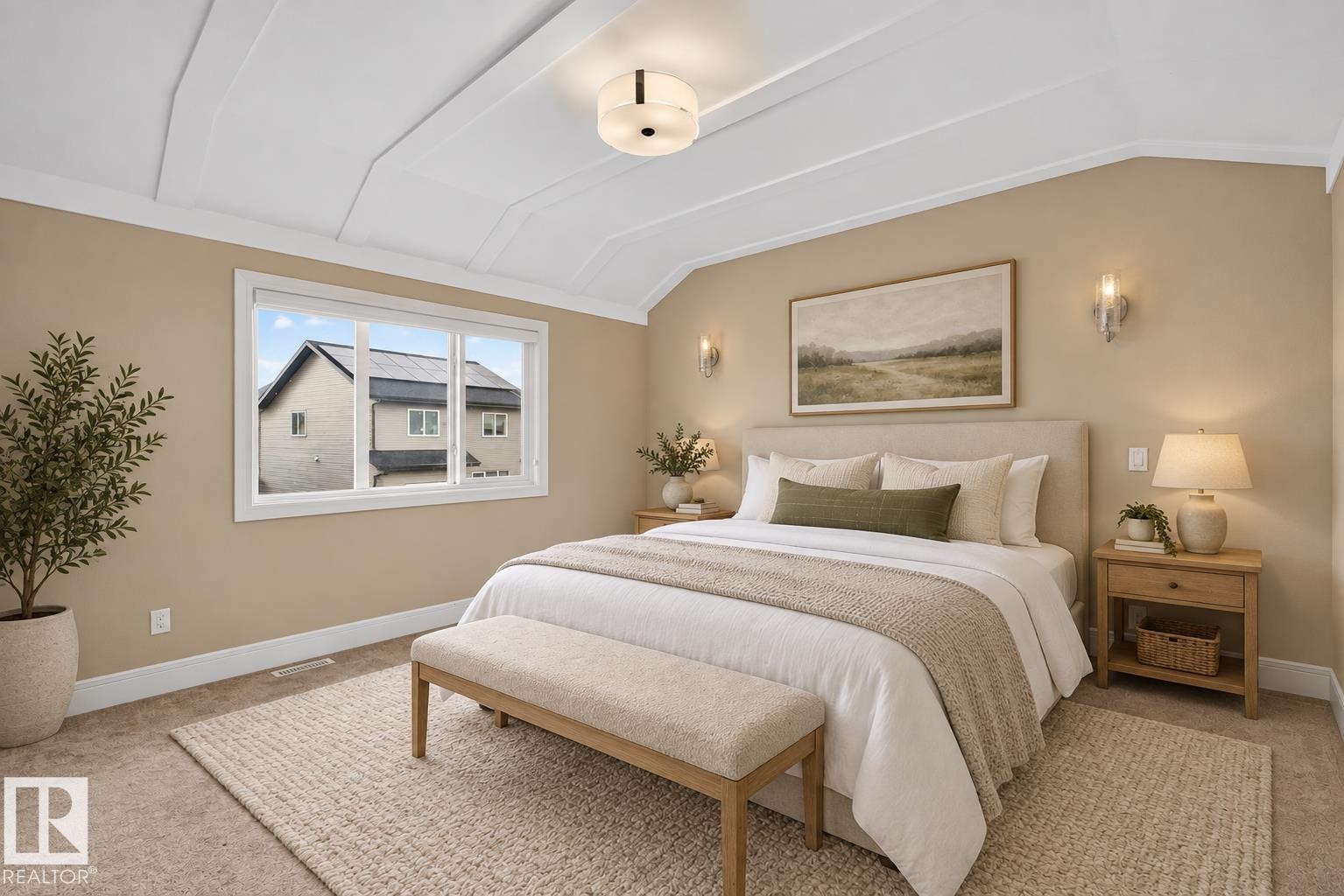 Tray ceiling with recessed lighting, integrated wall sconces, window with white trim, tan painted walls, and neutral carpet flooring - 7014 Chivers Loop Sw, Edmonton, AB