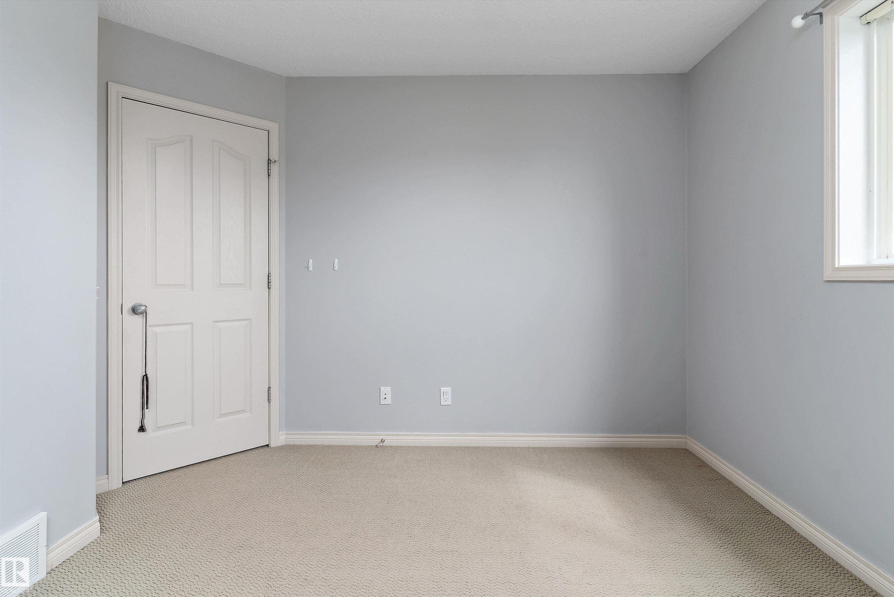 Light grey wall paint, light-colored carpet flooring, white trim, white paneled door, and a white window frame - 20845 92A Avenue Nw, Edmonton, AB - Indoor Photo Showing Other Room