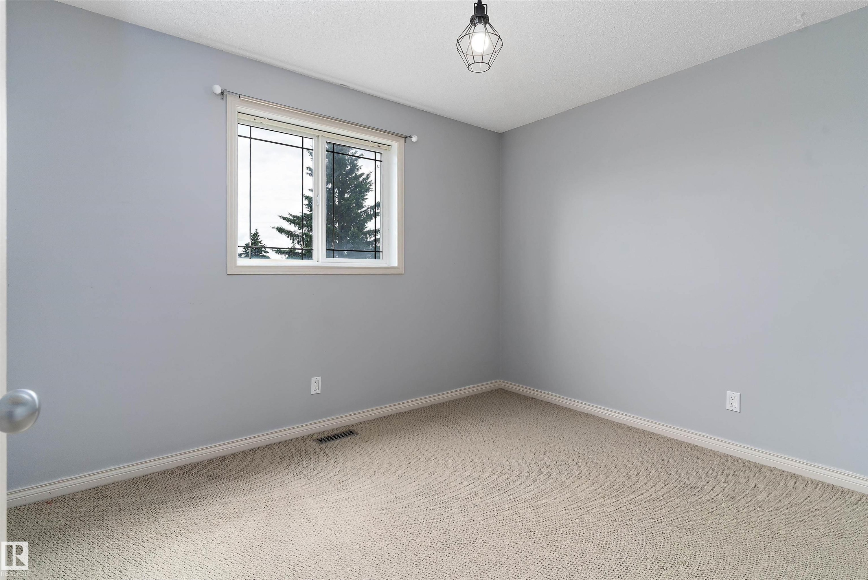 Light gray wall paint, textured ceiling, a window with white trim, and a black wire cage light fixture - 20845 92A Avenue Nw, Edmonton, AB - Indoor Photo Showing Other Room
