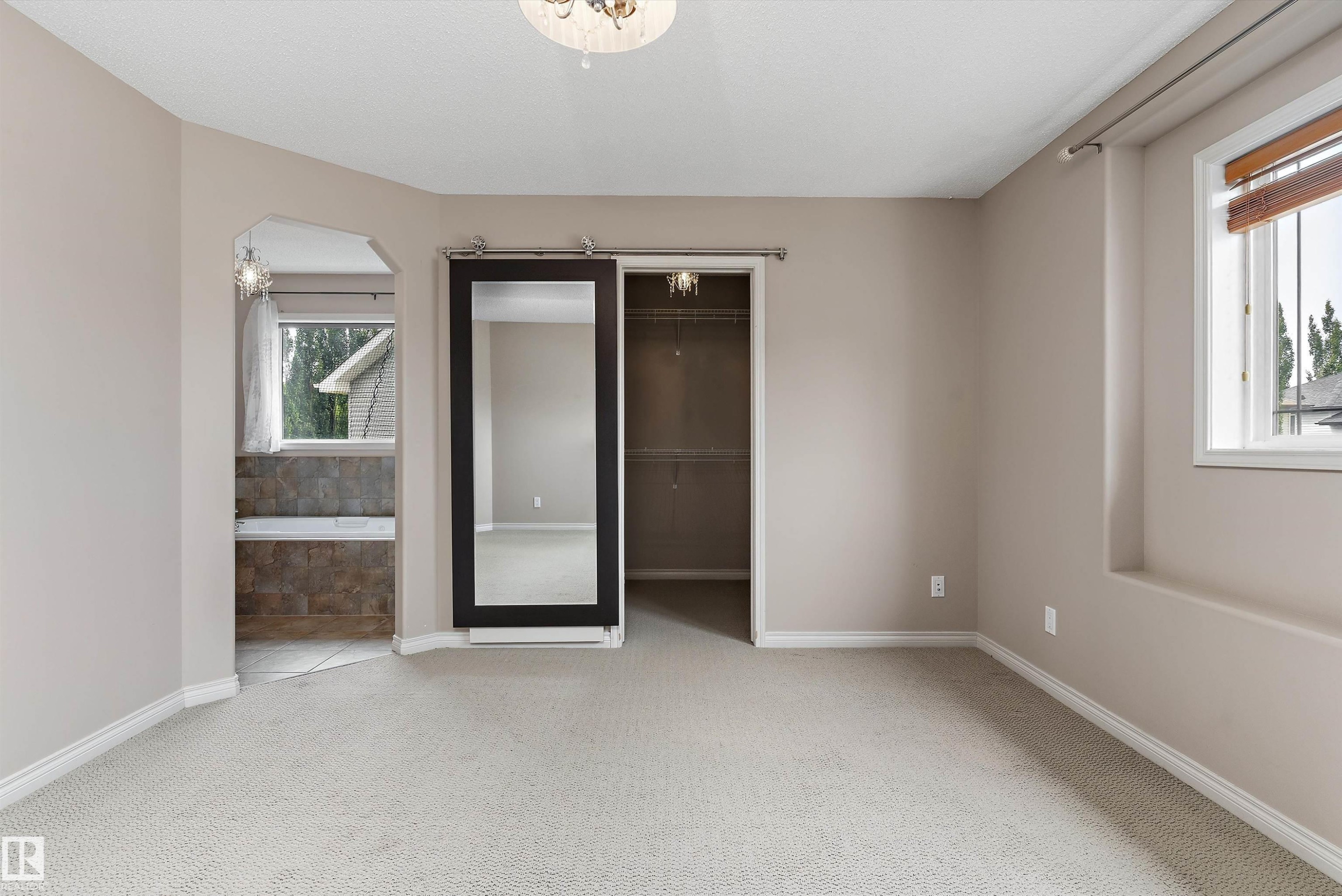 Plush carpeting, arched doorway, sliding barn door with full-length mirror, recessed window, and ceiling-mounted light fixture - 20845 92A Avenue Nw, Edmonton, AB - Indoor Photo Showing Other Room