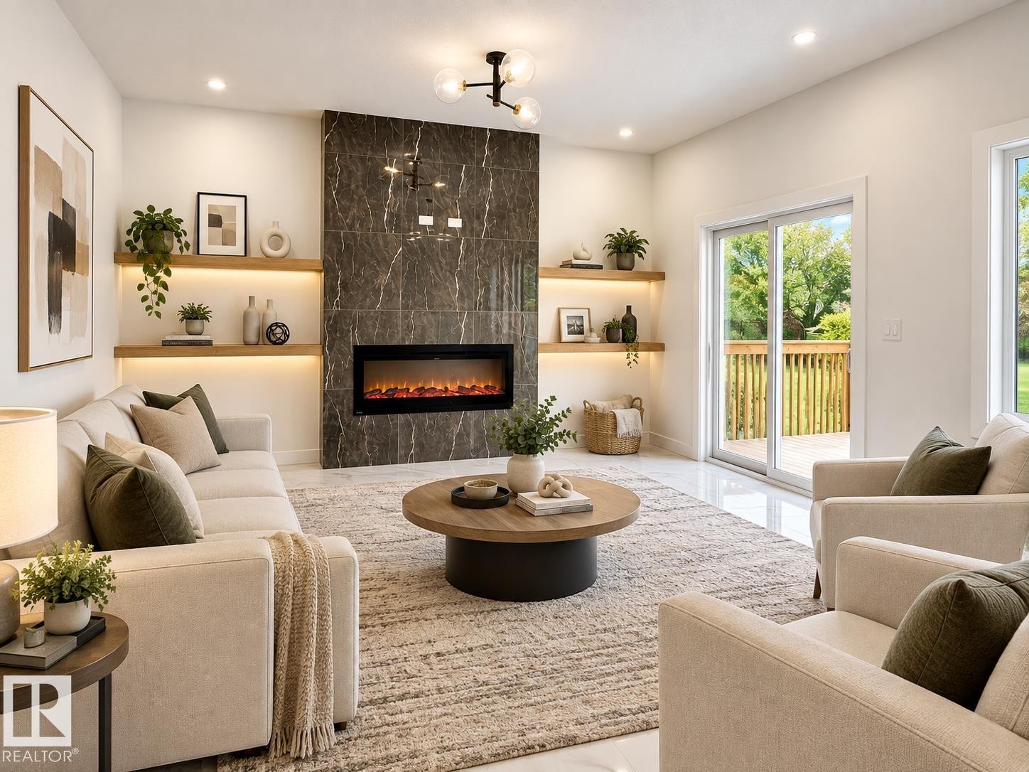 Spacious living area featuring a stone-clad fireplace with an integrated electric insert, illuminated floating shelves, recessed lighting, and large sliding glass doors leading to an exterior deck - 1312 35 Street Nw, Edmonton, AB