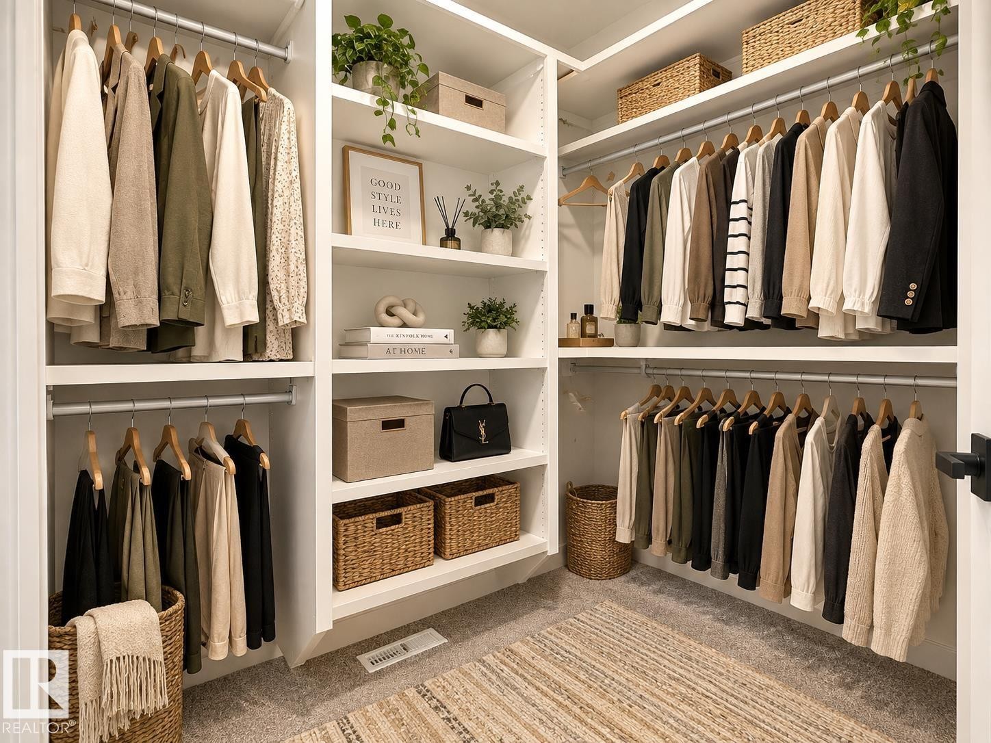 Custom built-in white shelving, integrated hanging rods, and soft carpet flooring - 1312 35 Street Nw, Edmonton, AB