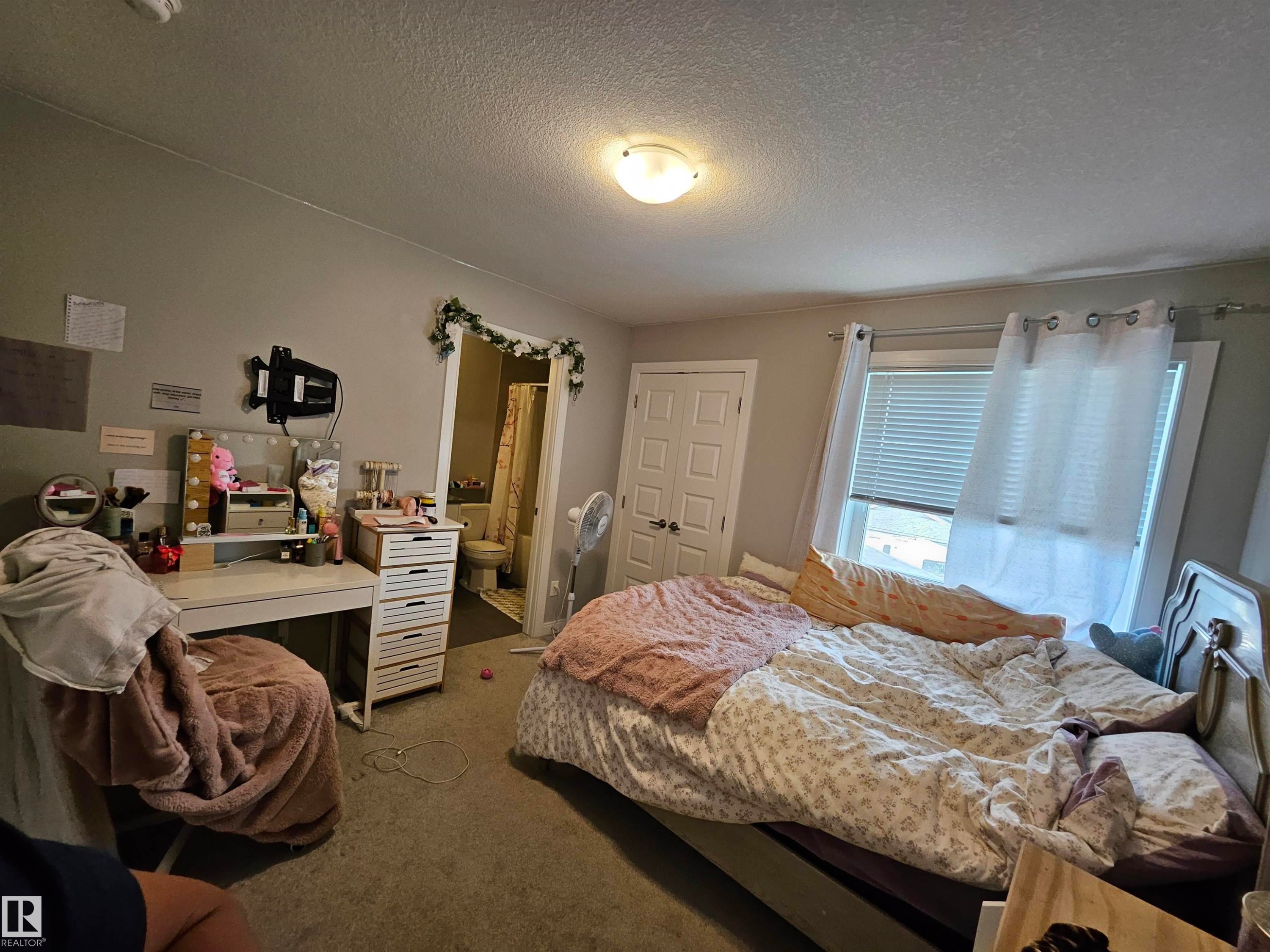 Recessed window with white blinds, flush mount ceiling lighting, and a paneled door - 15212 98 Avenue Nw, Edmonton, AB - Indoor Photo Showing Bedroom