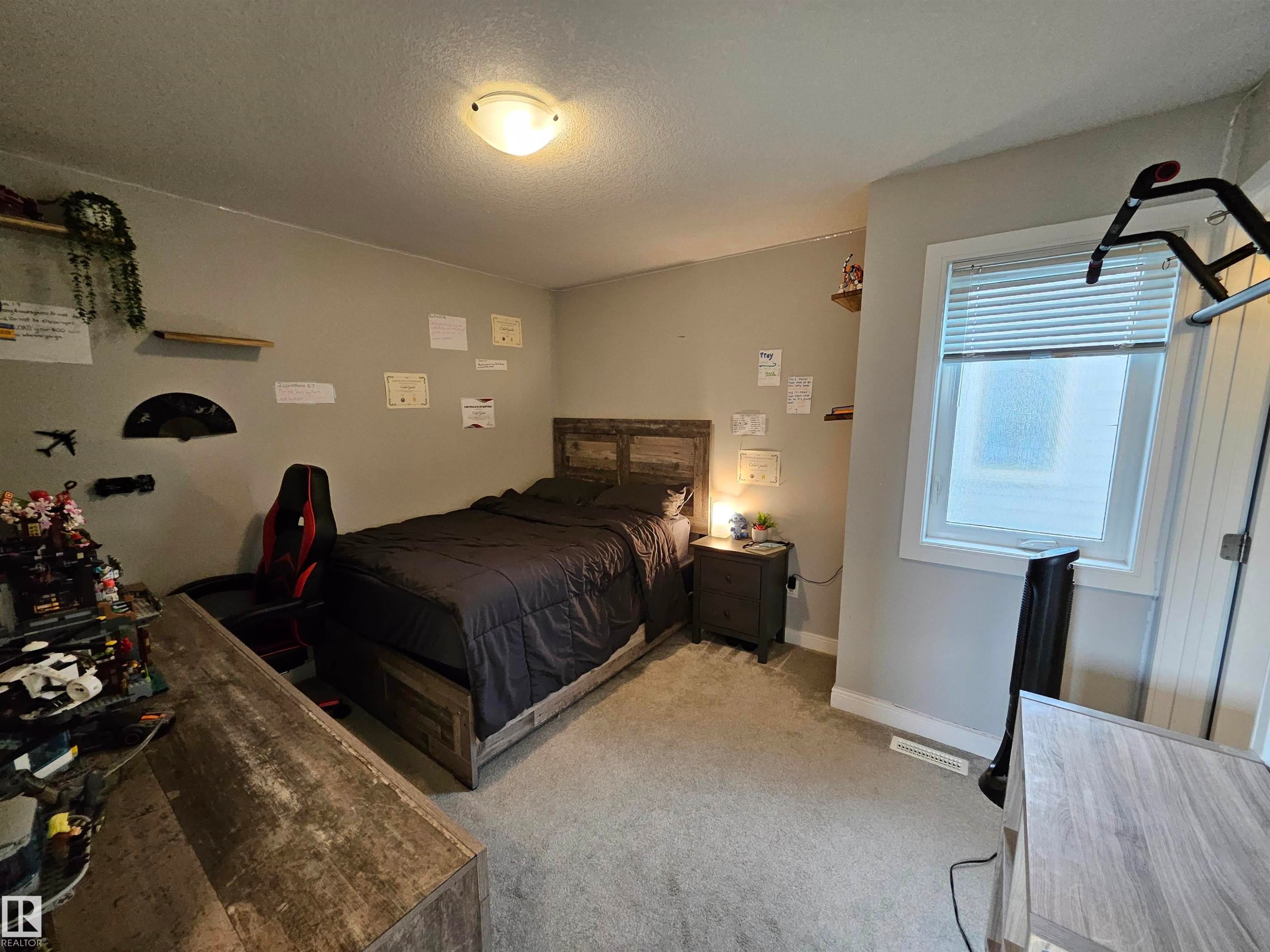 Carpeted room with a window, ceiling-mounted light fixture, and built-in shelving - 15212 98 Avenue Nw, Edmonton, AB - Indoor Photo Showing Bedroom