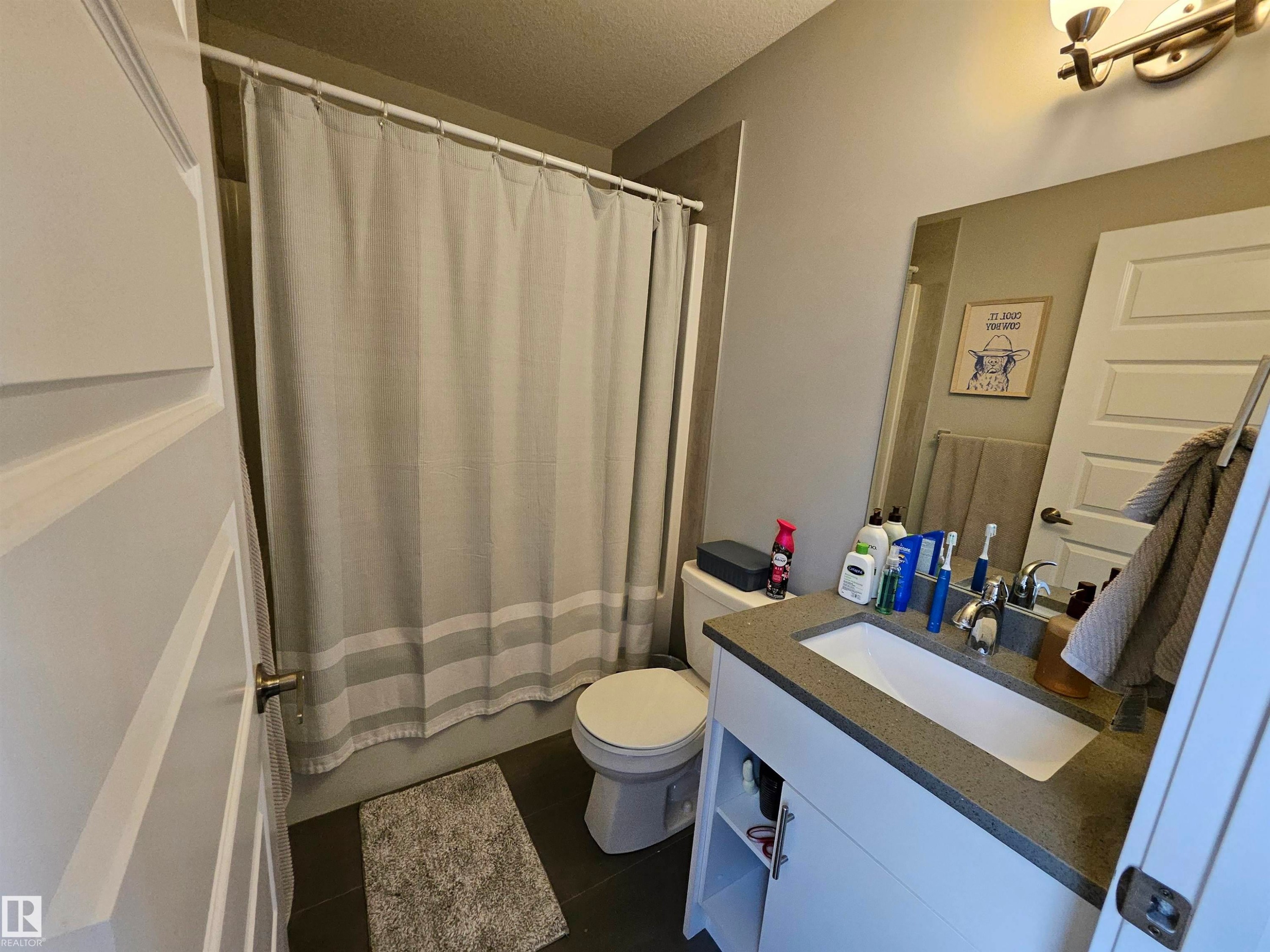 Vanity with integrated sink, stone-finish countertop, and wall-mounted light fixture - 15212 98 Avenue Nw, Edmonton, AB - Indoor Photo Showing Bathroom