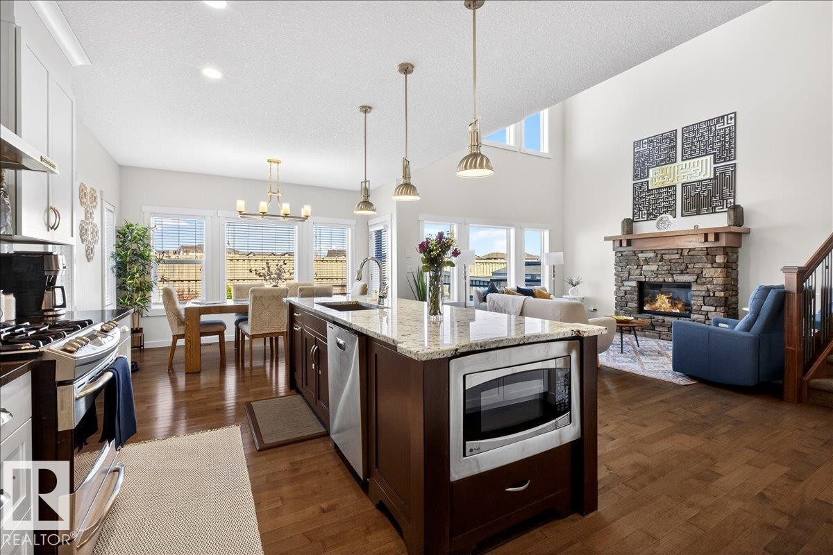 Gourmet kitchen with granite countertops and stainless-steel appliances - 3936 Claxton Loop Sw, Edmonton, AB - Indoor Photo Showing Kitchen With Fireplace With Stainless Steel Kitchen With Upgraded Kitchen