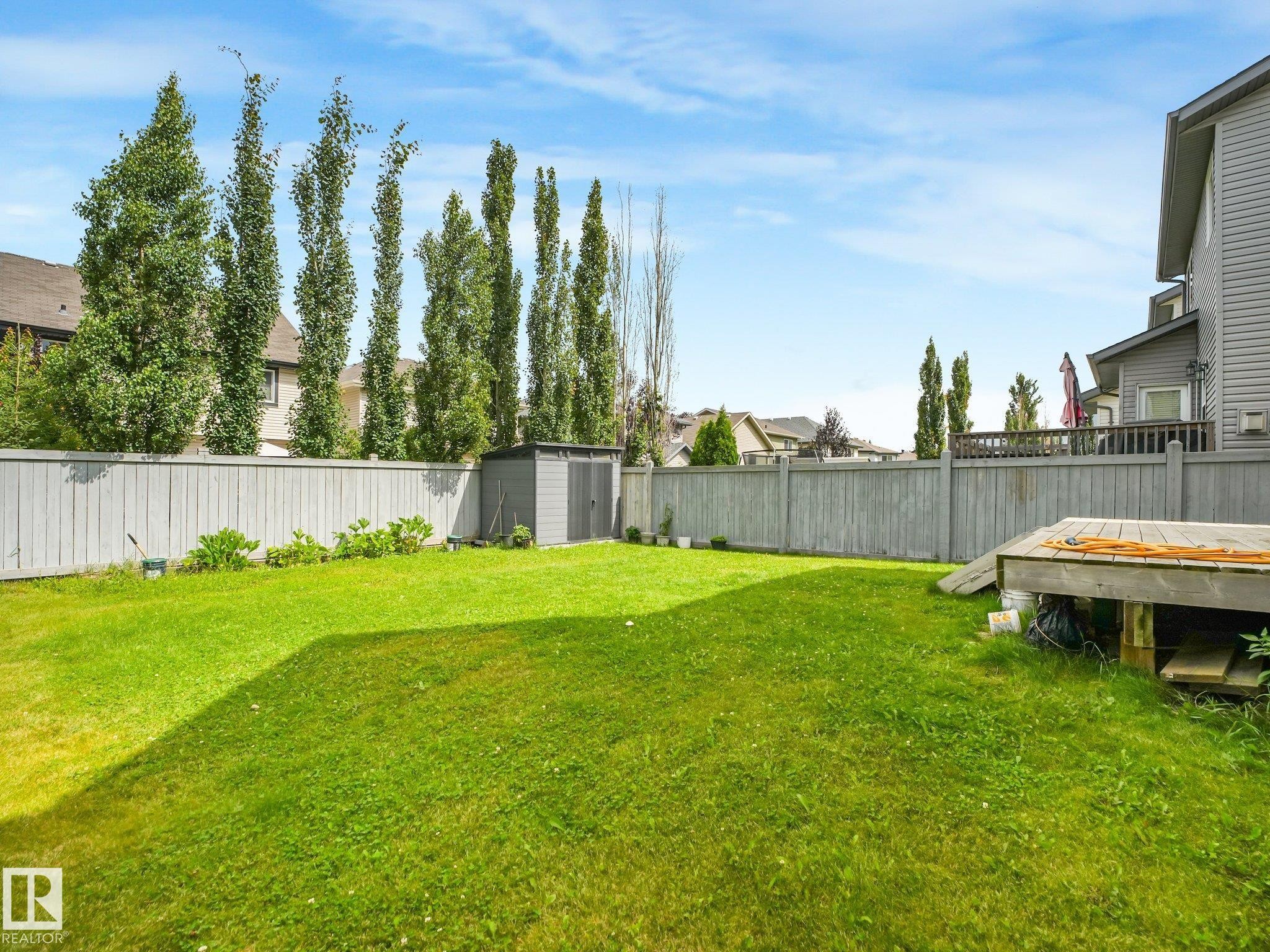 Expansive lawn area with a perimeter fence, mature trees, and a utility shed - 1478 37B Avenue Nw, Edmonton, AB - Outdoor With Backyard