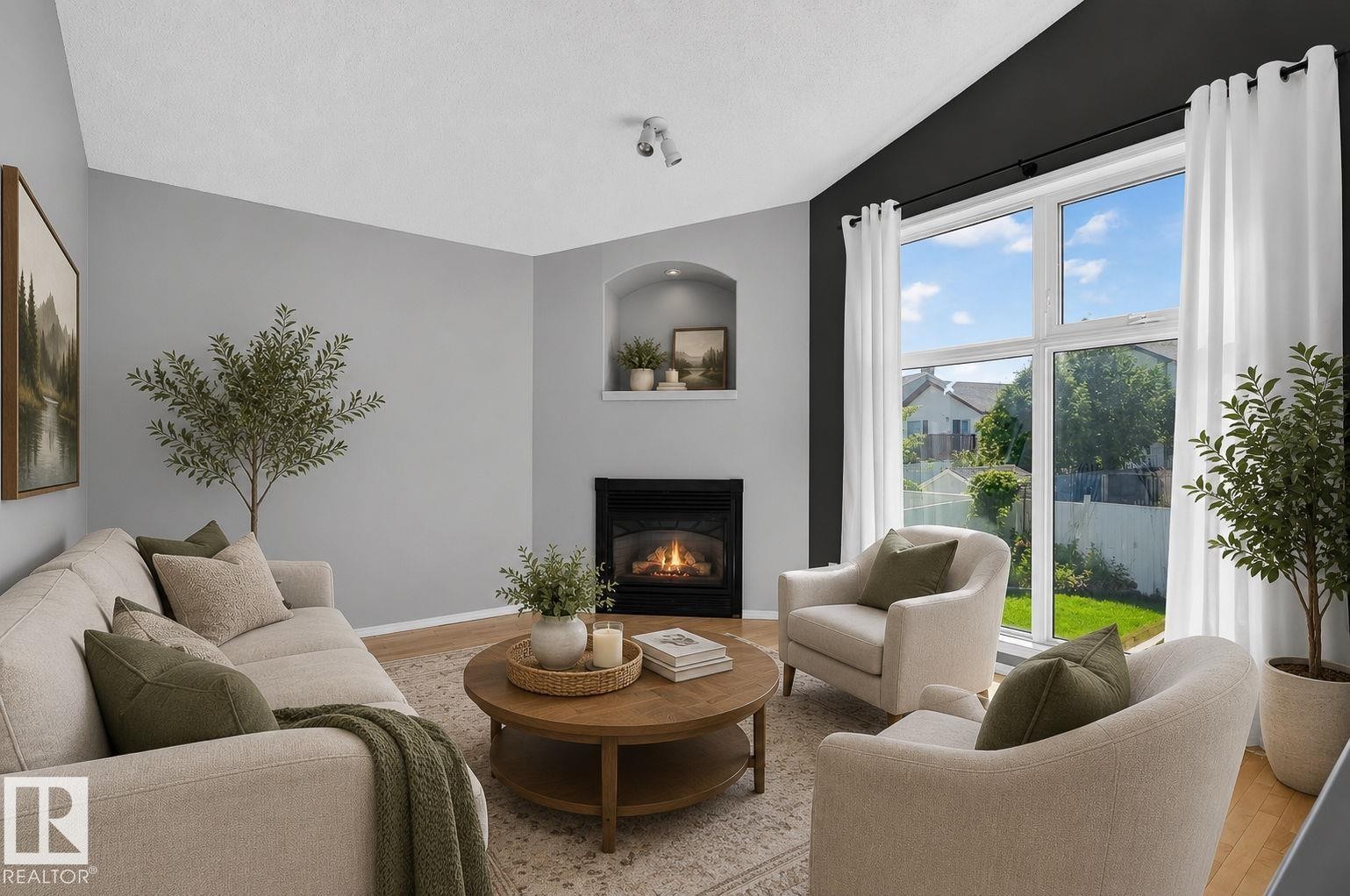 227 Wyman Lane Nw, Edmonton, AB - Indoor Photo Showing Living Room With Fireplace