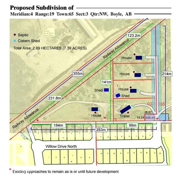 Proposed Subdivision Plan. Depicting the proposed subdivision of the property, including existing structures, lot dimensions, and infrastructure details - 0326005;1;1 Boyle, Alberta, Boyle, AB - Other