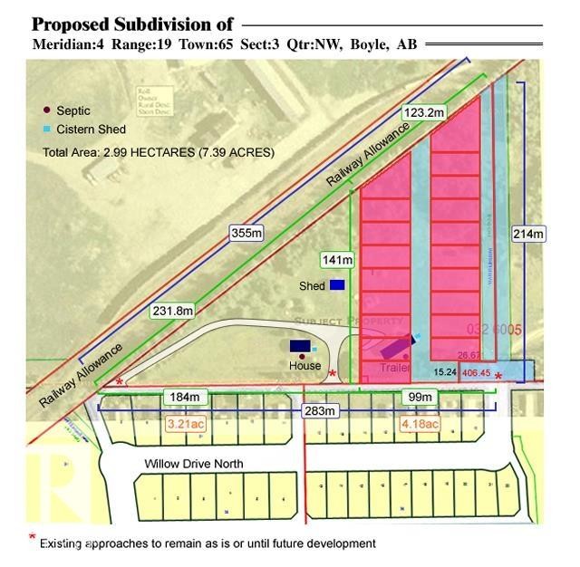 Proposed Subdivision Plan. Illustrating the division of the property into multiple parcels with measurements and existing structures - 0326005;1;1 Boyle, Alberta, Boyle, AB - Other