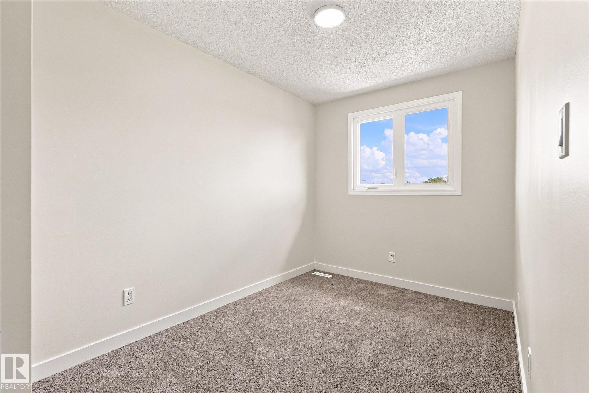 Neutral wall paint, plush carpeting, white trim, and a flush-mount ceiling light - 18307 66 Avenue Nw, Edmonton, AB - Indoor Photo Showing Other Room