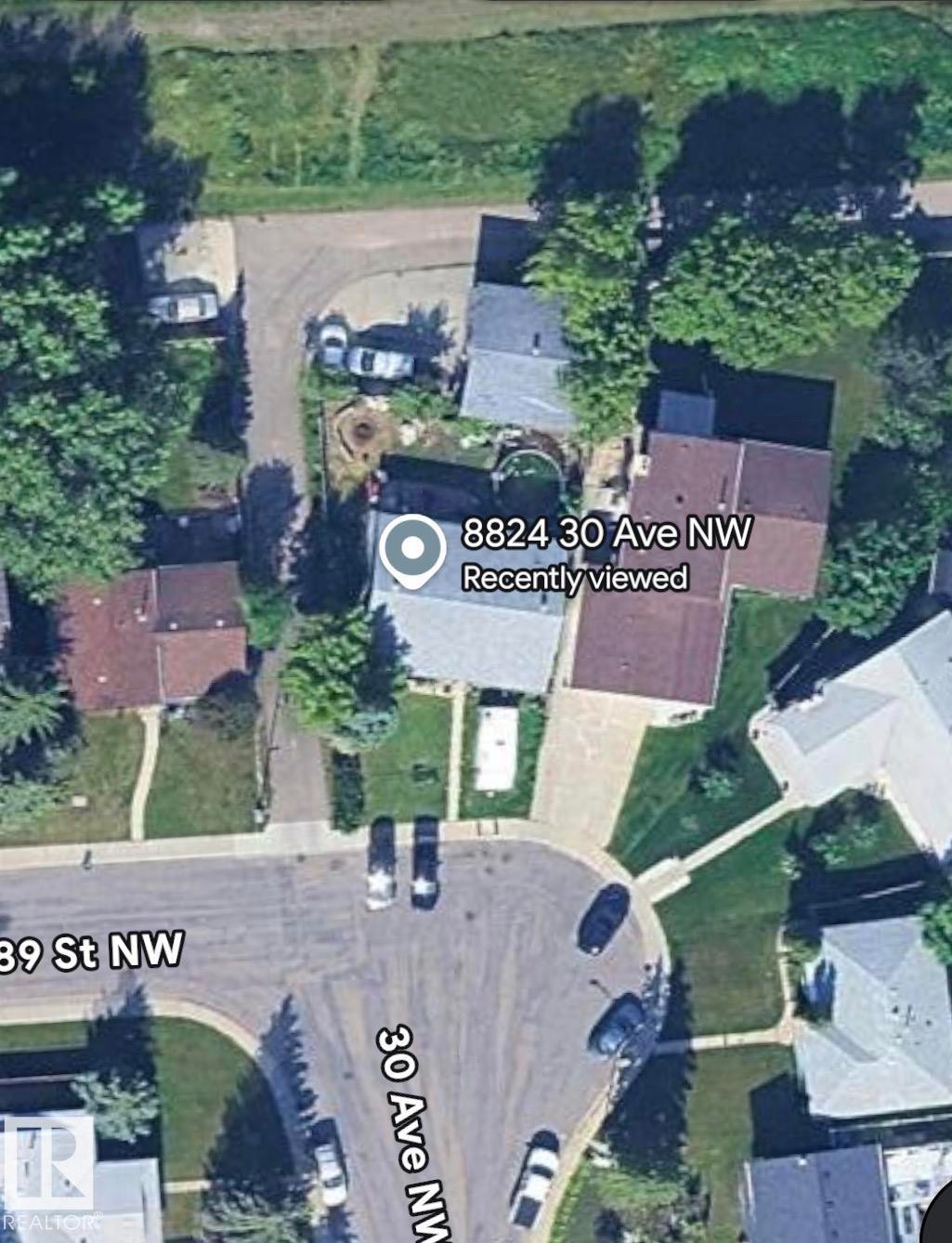 Satellite View. Depicting a residential area with street layouts and property structures - 8824 30 Avenue Nw, Edmonton, AB -