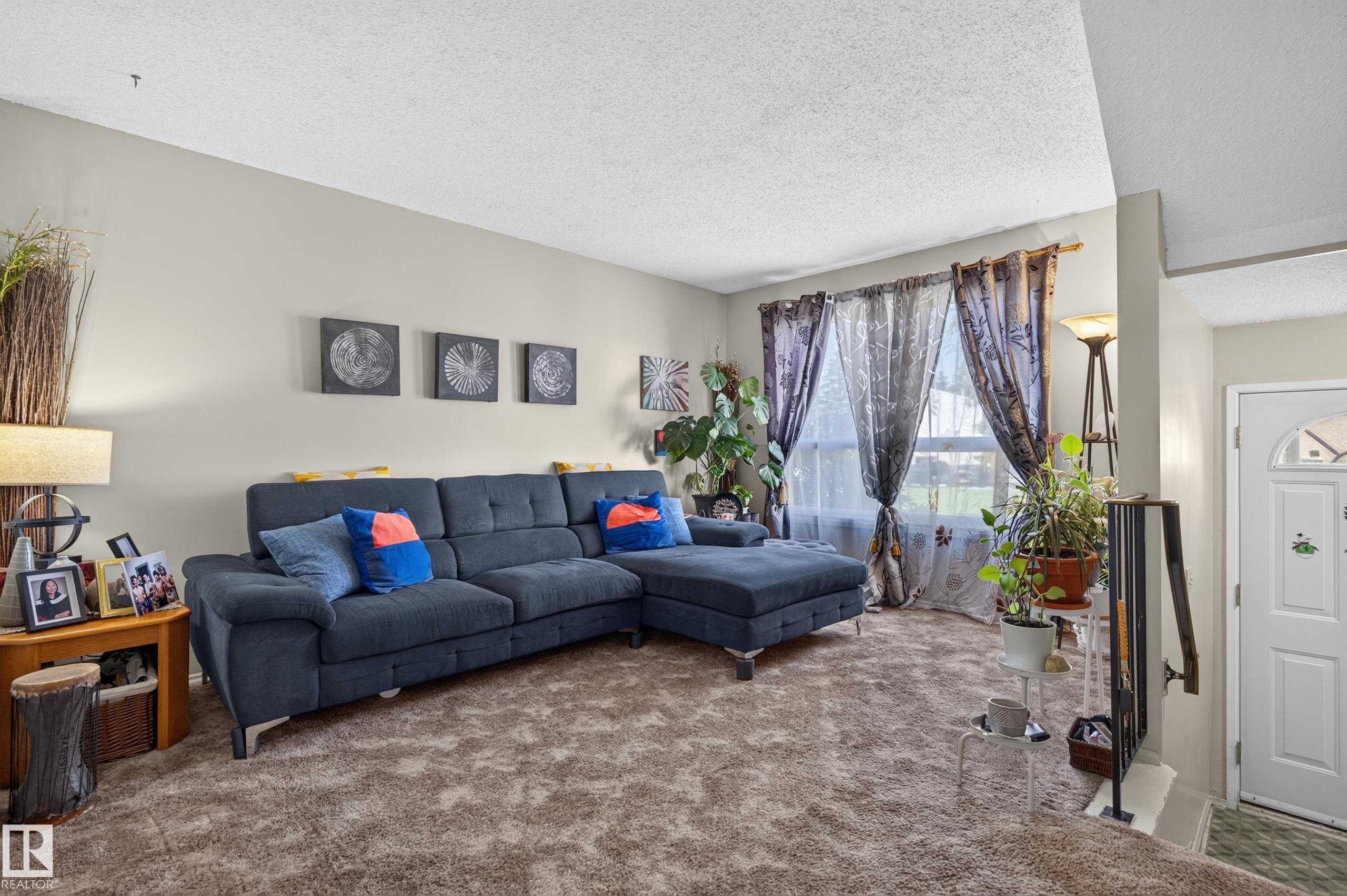 Wall-to-wall carpeting in a neutral tone, light-colored walls, and a white entrance door with an arched window - 18247 93 Avenue Nw, Edmonton, AB - Indoor Photo Showing Living Room