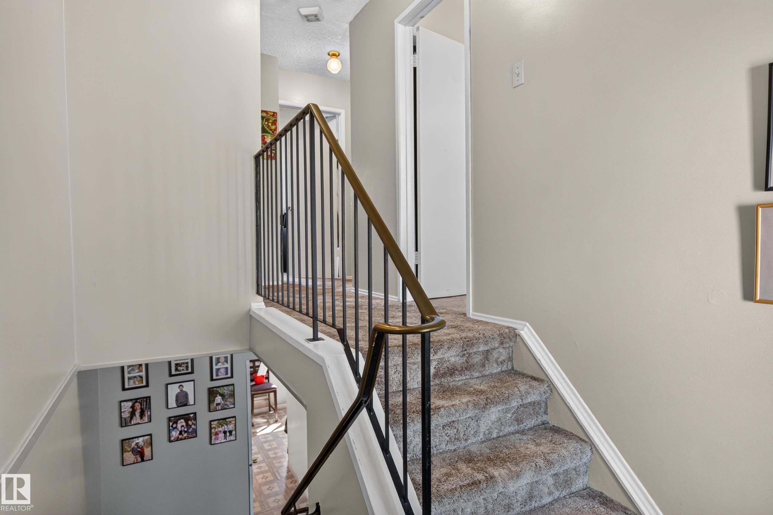 Carpeted staircase with a metal and wood-finish handrail, leading to an upper landing with a flush-mount light fixture - 18247 93 Avenue Nw, Edmonton, AB - Indoor Photo Showing Other Room
